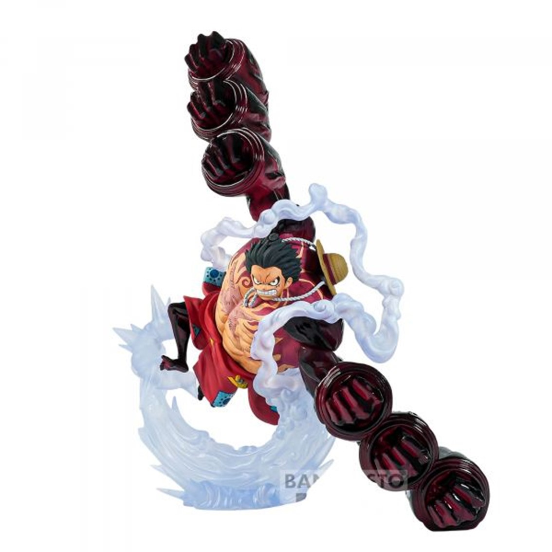 Eine Figur von Ruffy mit geballten Fäusten und Rauch, auf einem eisigen Sockel.
