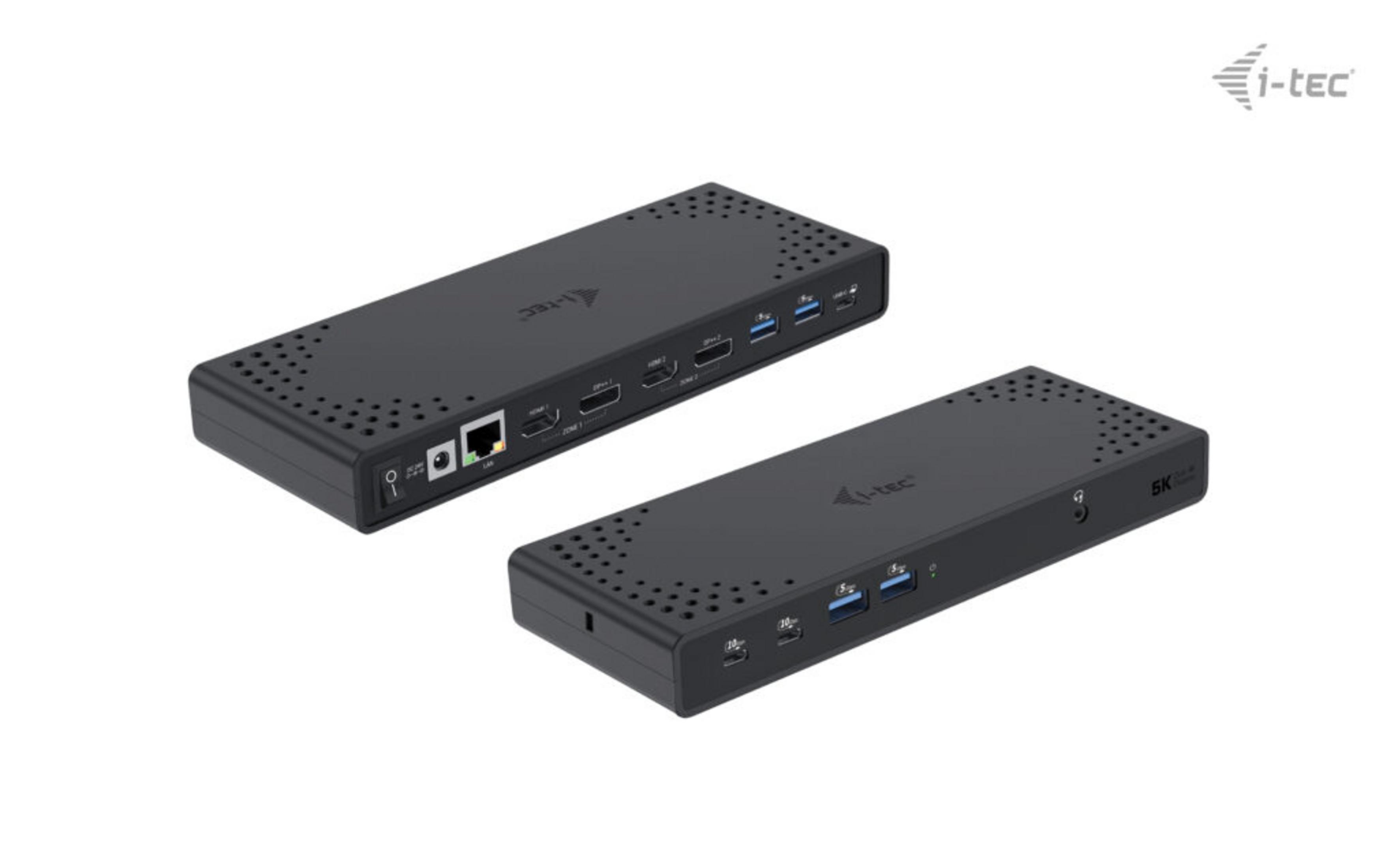 Zwei schwarze i-tec Dockingstationen mit Lüftungsschlitzen und Anschlüssen.