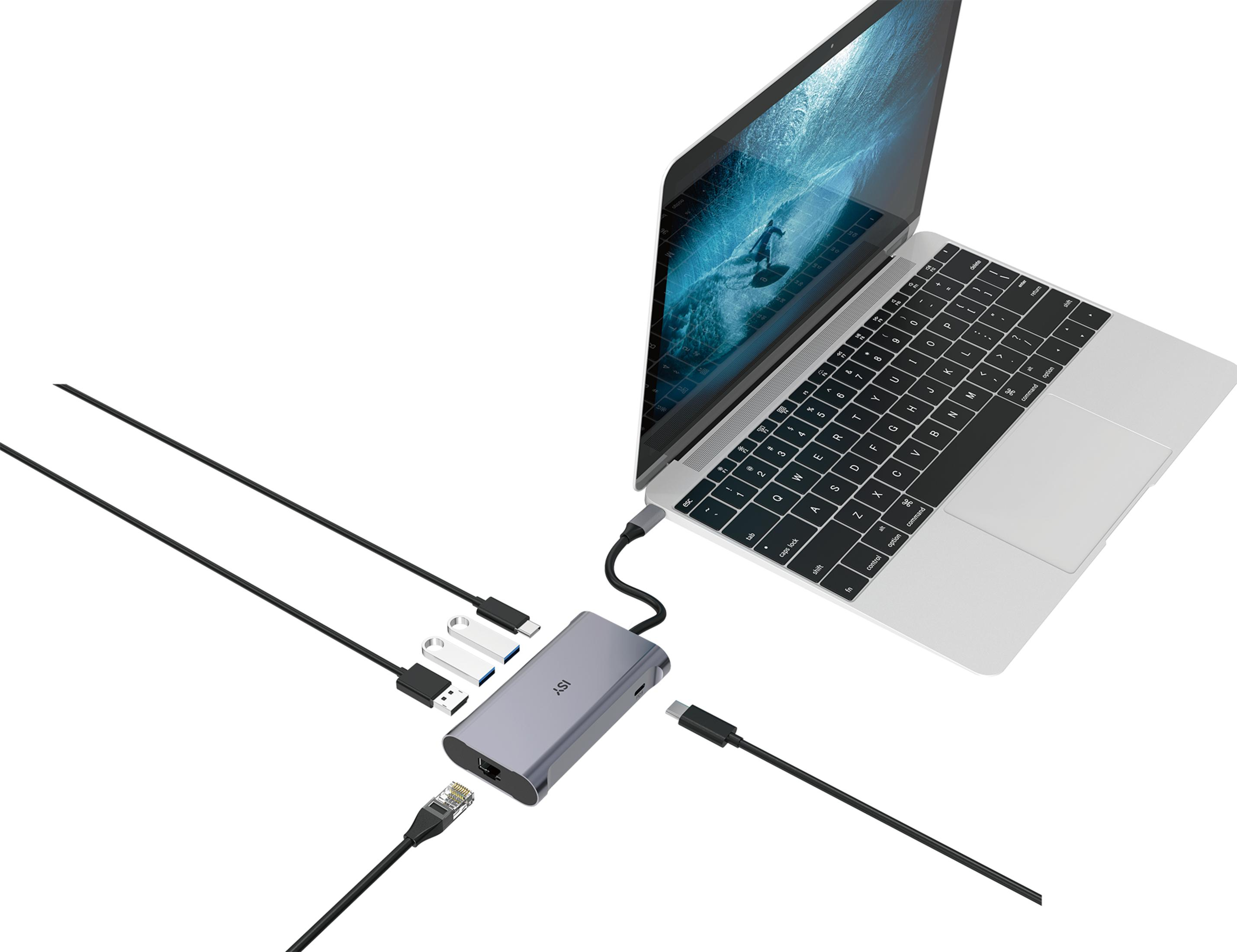 Ein grauer USB-C-Hub mit Kabeln, einem Ethernet-Kabel und zwei USB-Sticks.