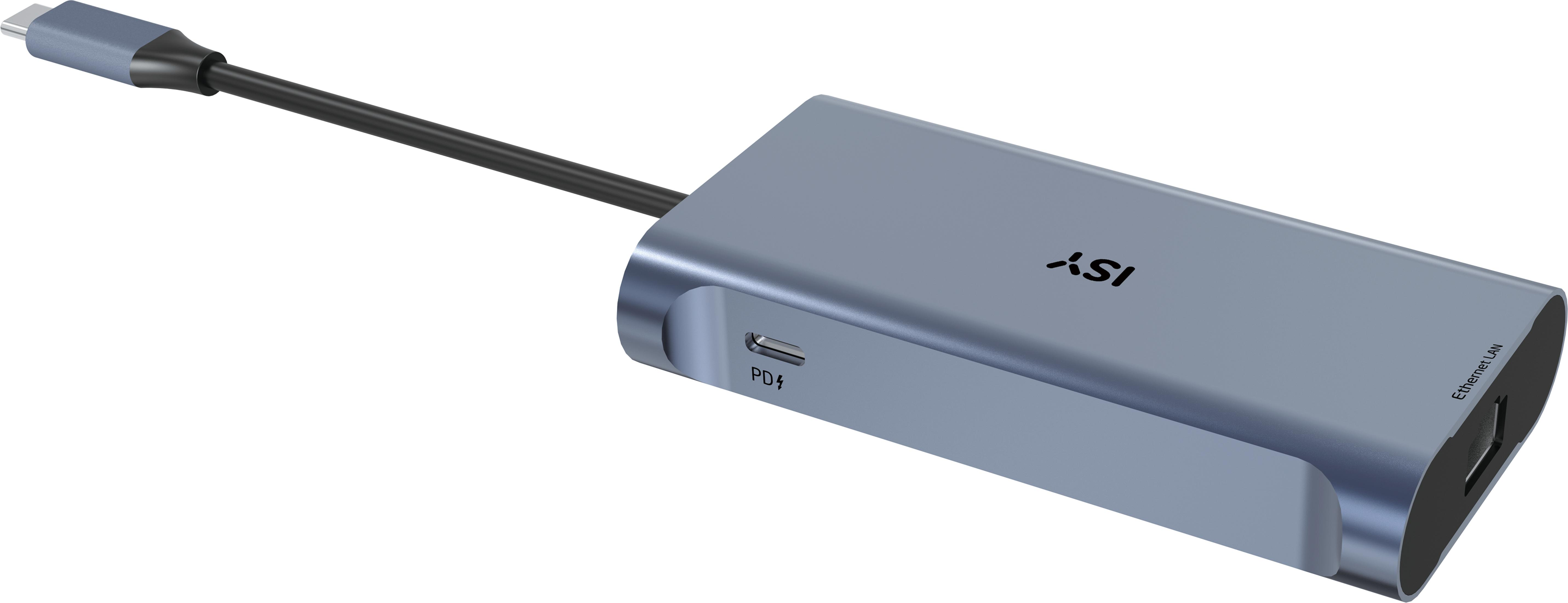 Grauer USB-C-Adapter mit PD-Anschluss und Ethernet-Port.