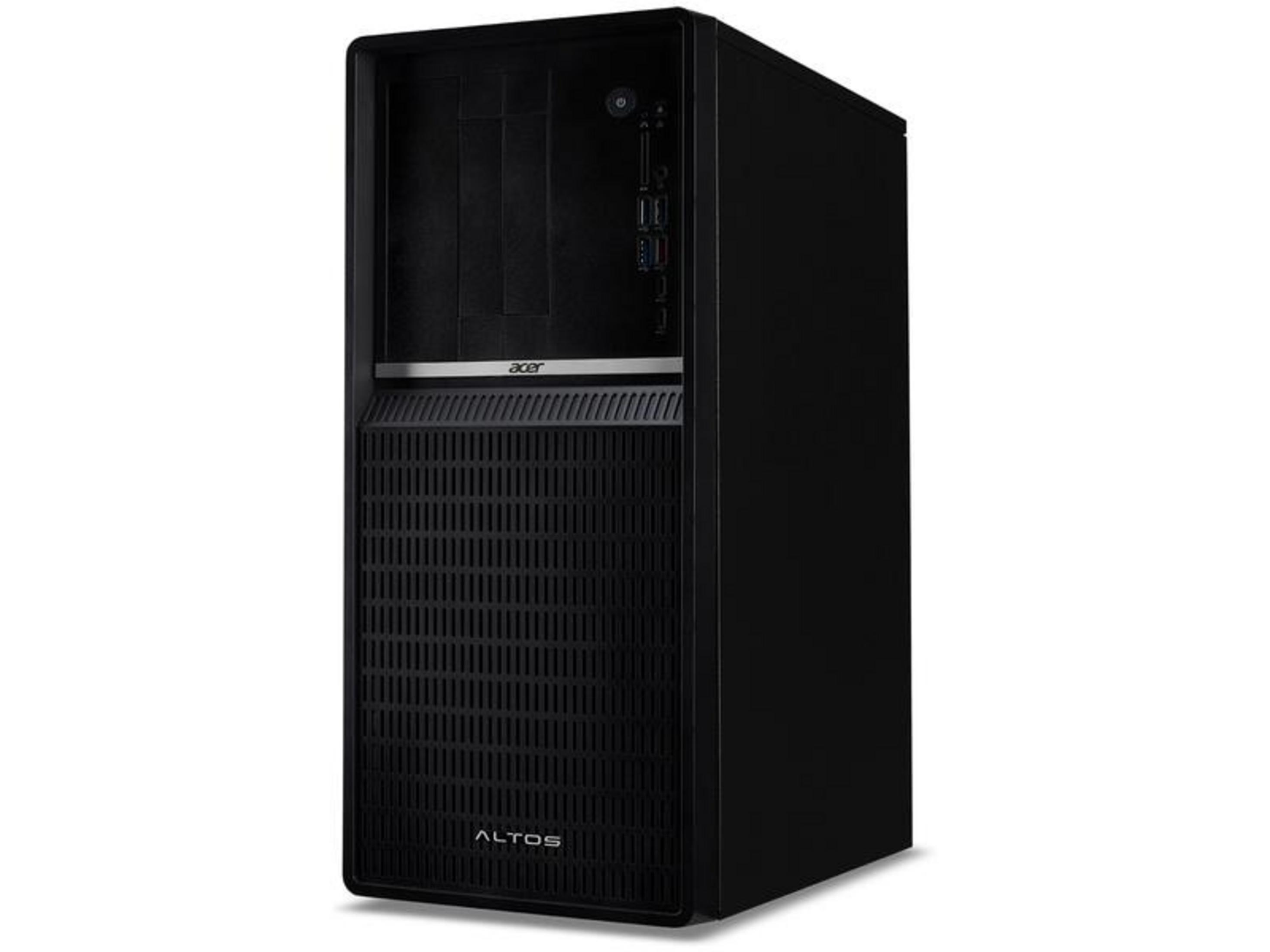 Ein schwarzes Acer Altos Tower-Gehäuse mit Lüftungsschlitzen und Anschlüssen.