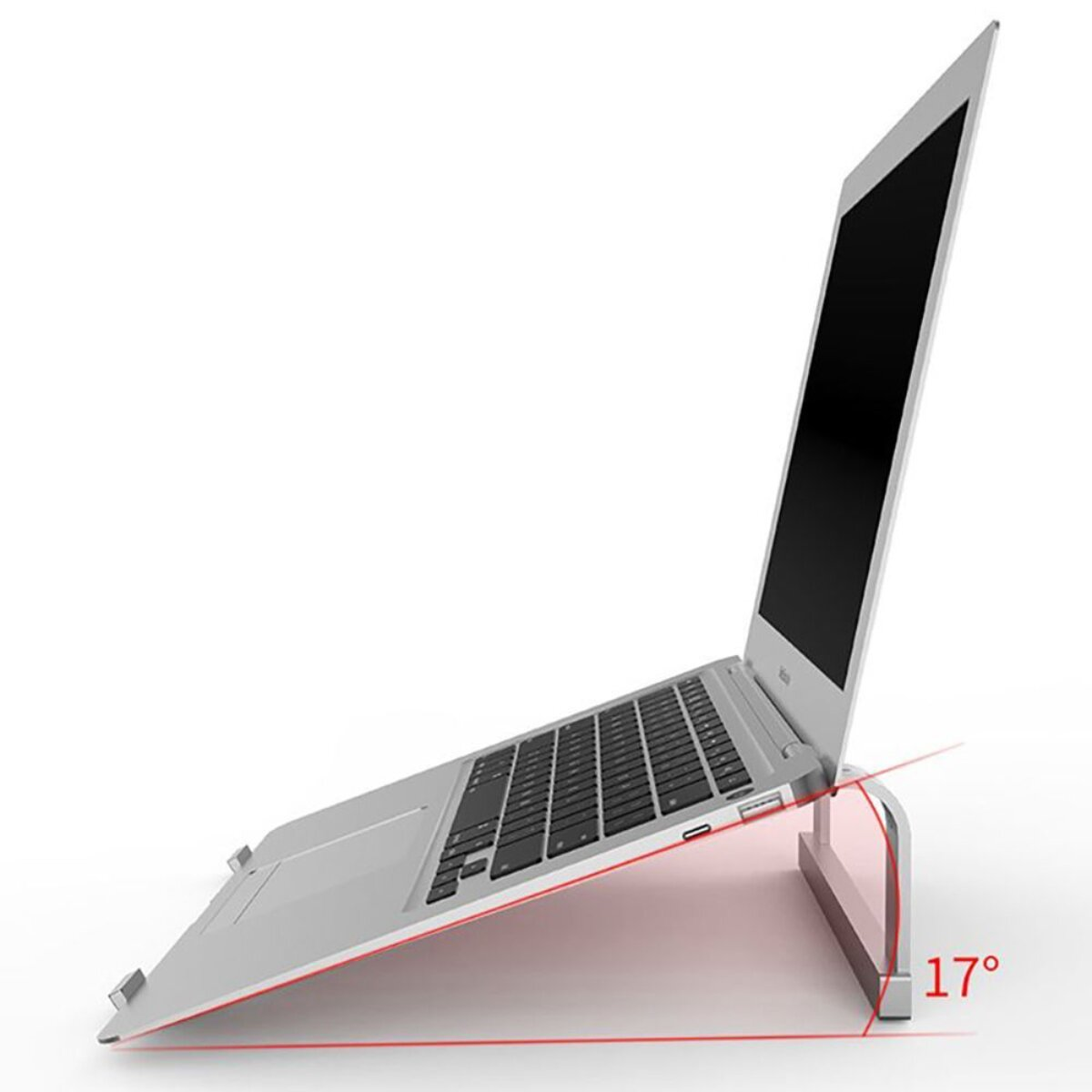 Ein silberner Laptop steht auf einem Ständer, der einen Winkel von 17 Grad anzeigt.