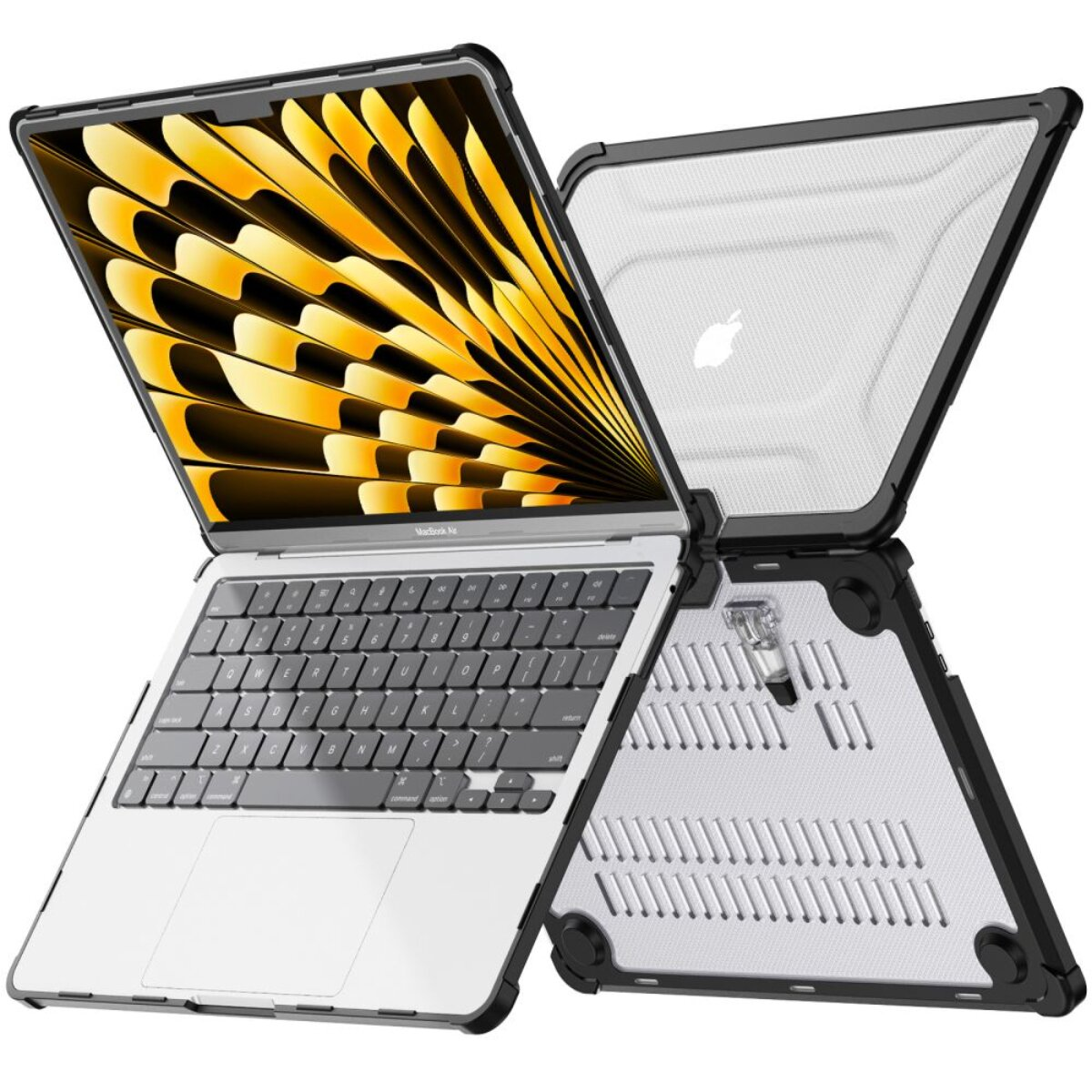 Ein MacBook Air in einer schwarzen Schutzhülle, geöffnet. Der Bildschirm zeigt ein abstraktes Muster.