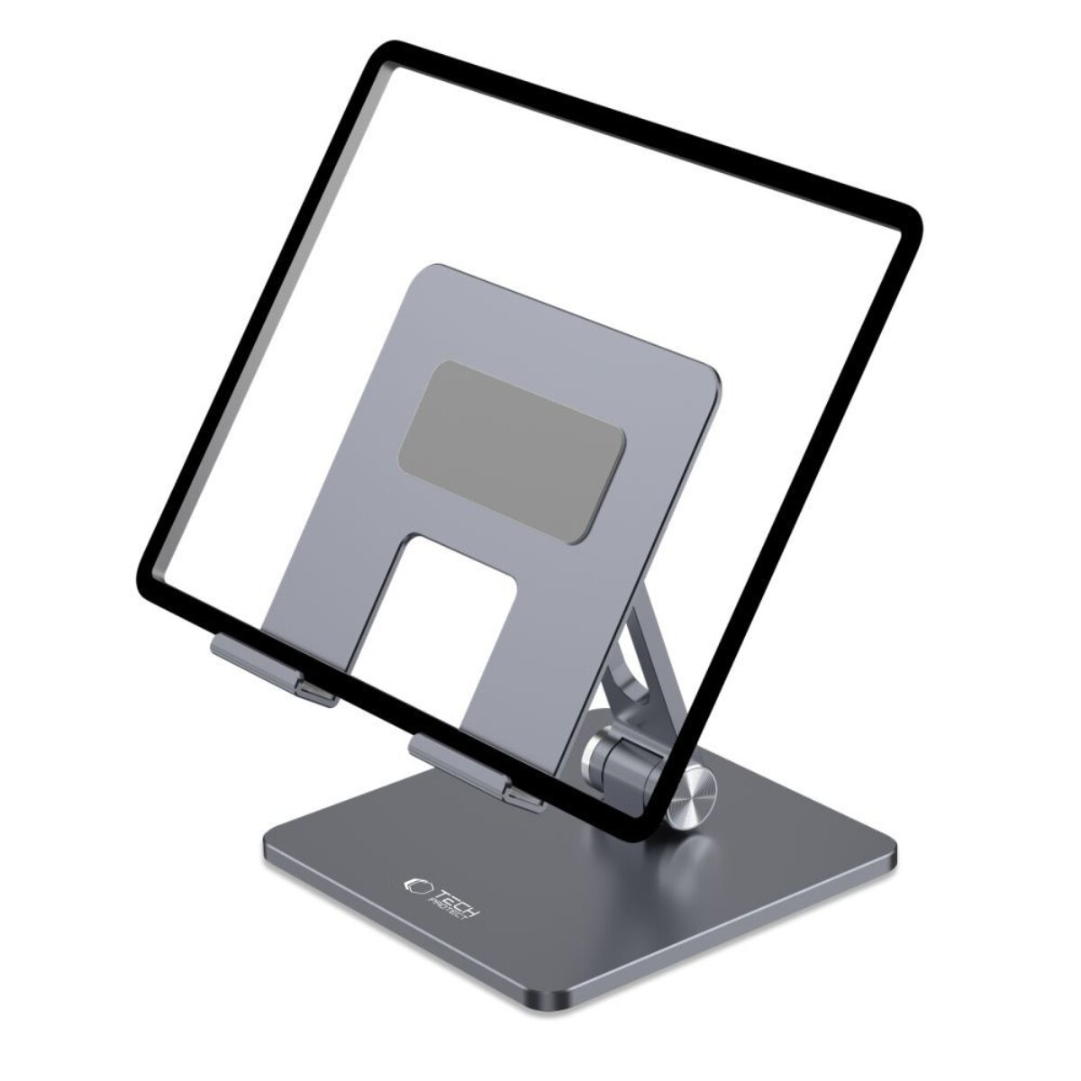 Un supporto per tablet grigio con un tablet trasparente.