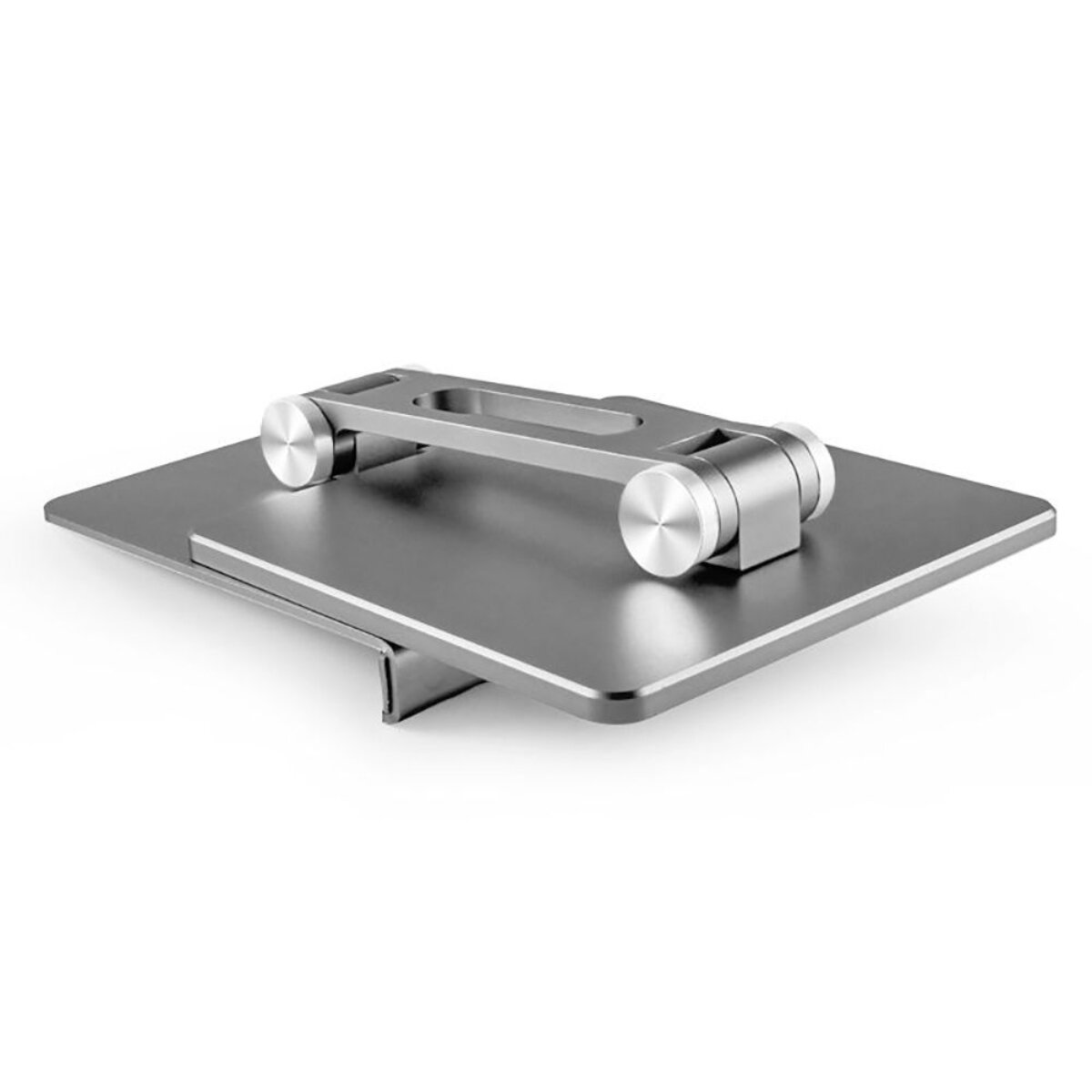 Un supporto per laptop in metallo grigio con maniglia regolabile e rotelle.