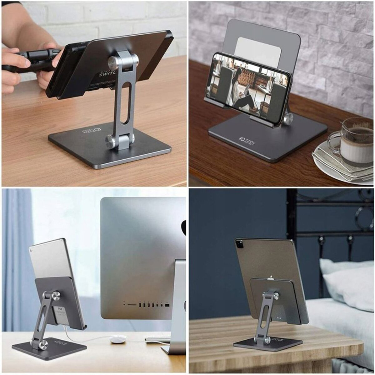 Quattro immagini mostrano un supporto regolabile in metallo per tablet e telefono.