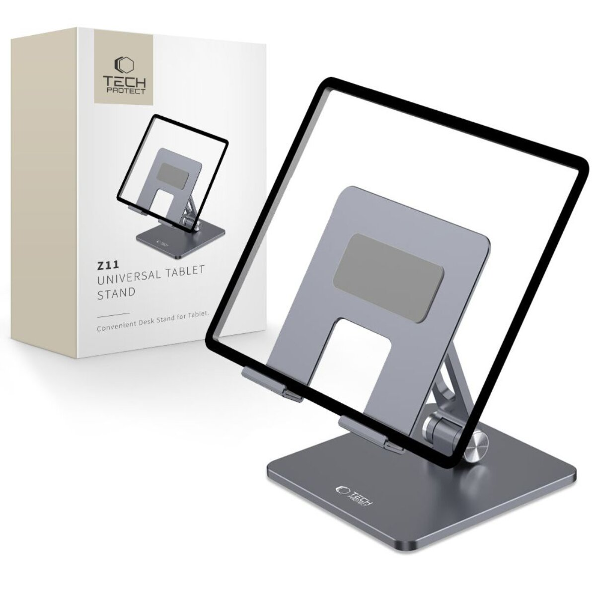 Supporto per tablet grigio con tablet argentato su sfondo bianco.