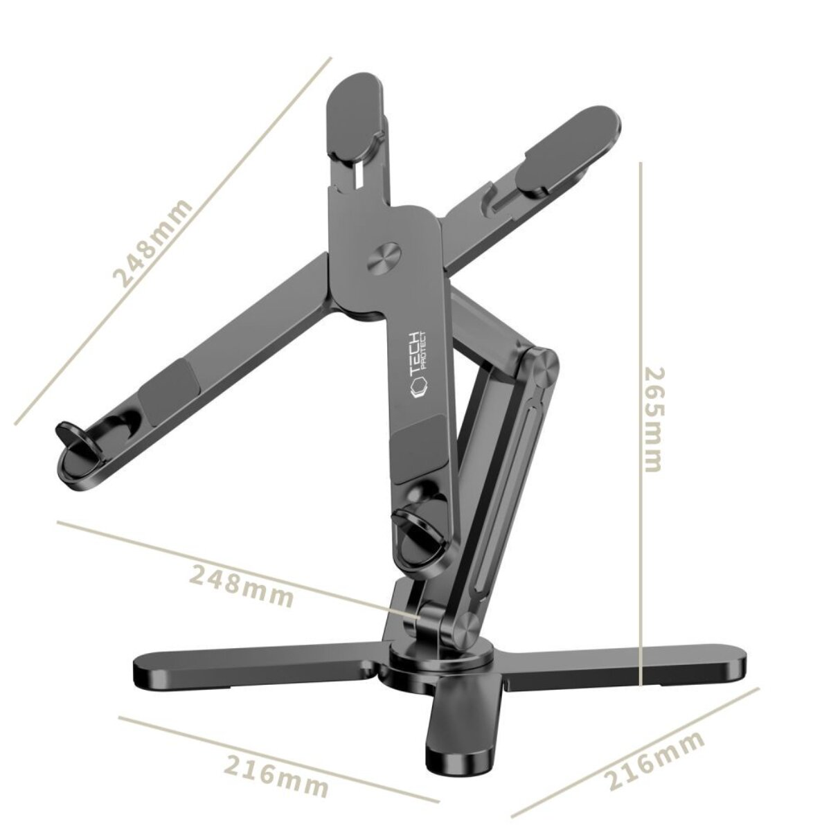 Grauer Laptop-Ständer mit verstellbaren Armen und Maßen.
