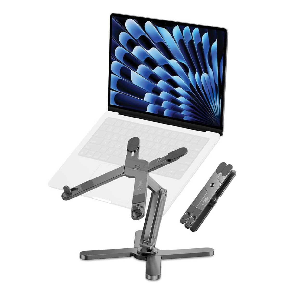 Grauer Laptop-Ständer mit geöffnetem Laptop und zusammengeklapptem Ständer daneben.