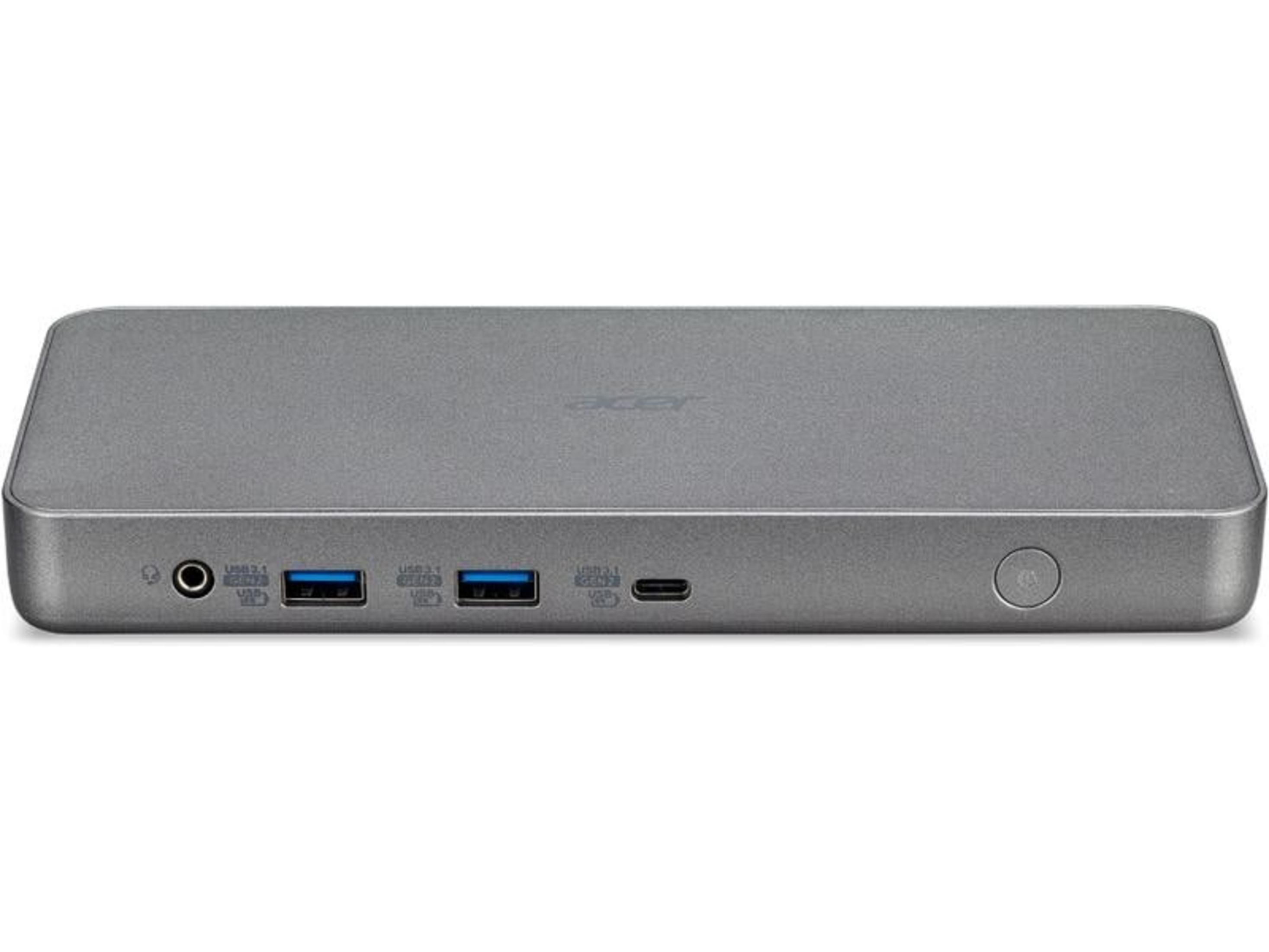 Graues Acer Docking-Gerät mit USB-C, USB 3.1 Anschlüssen und Audioanschluss.