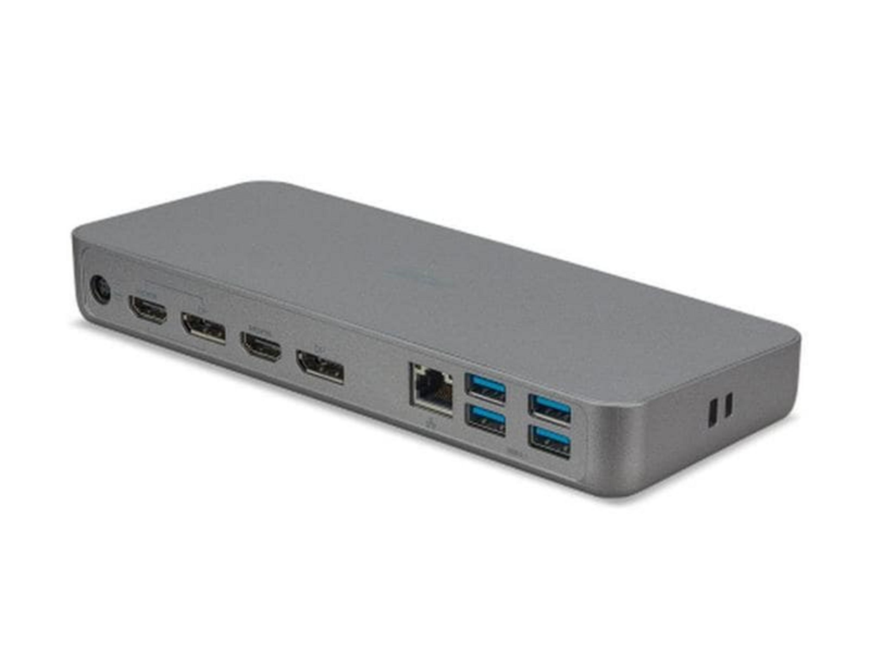 Grauer Docking-Hub mit mehreren Anschlüssen: HDMI, DP, Ethernet und USB.