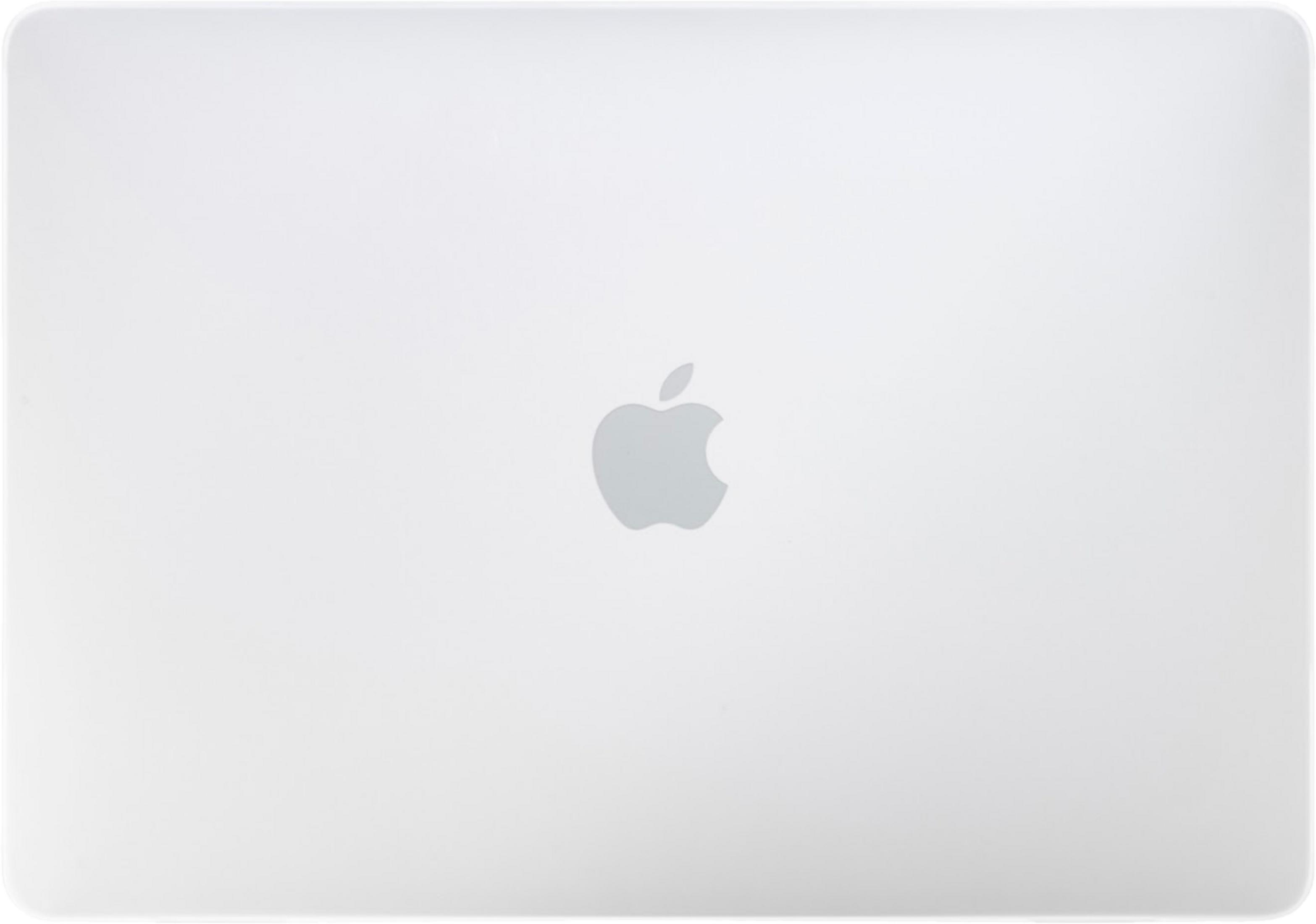 Ein weißer Laptop mit einem silbernen Apple-Logo in der Mitte.