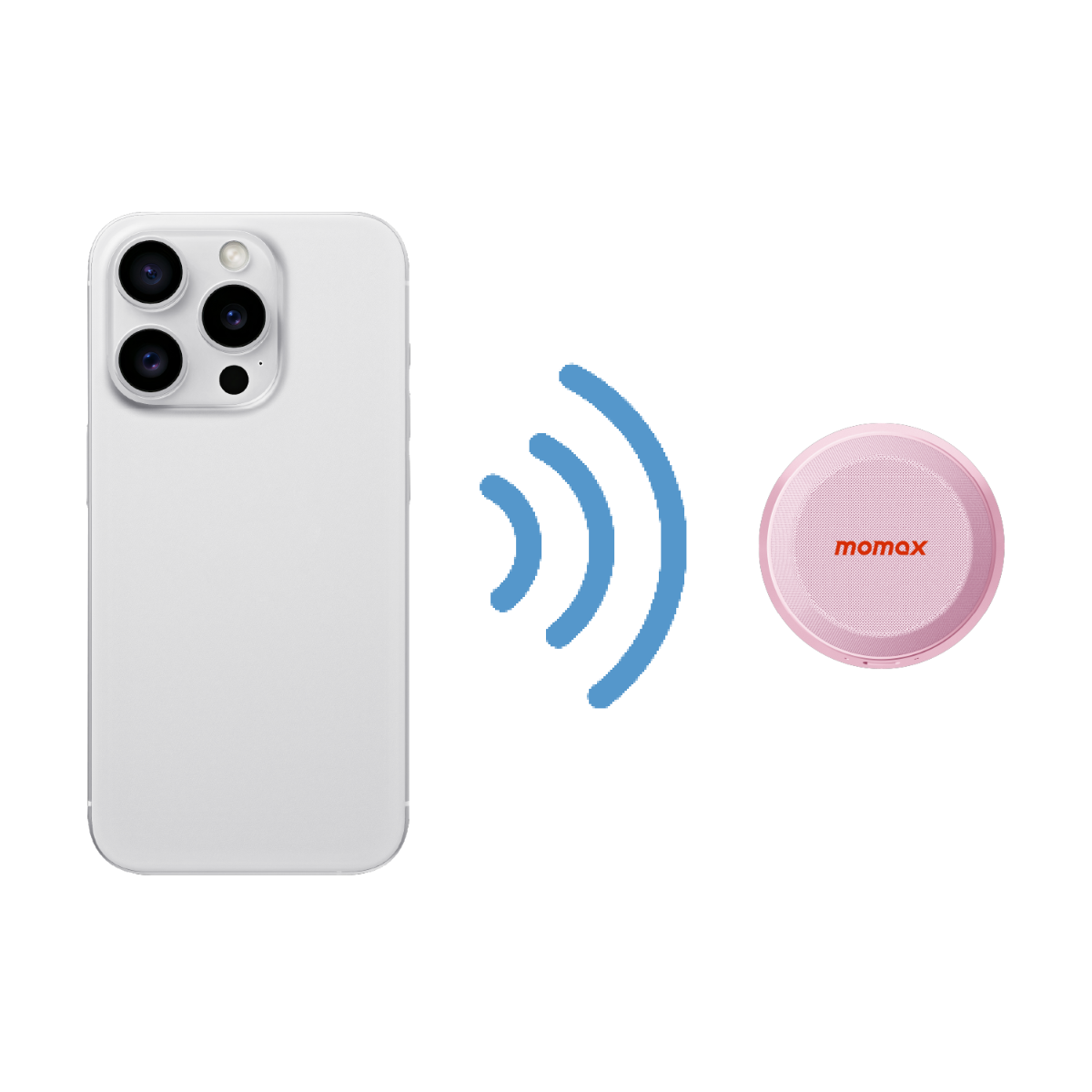 Beyaz bir akıllı telefon, pembe yuvarlak bir hoparlöre sinyal gönderiyor.