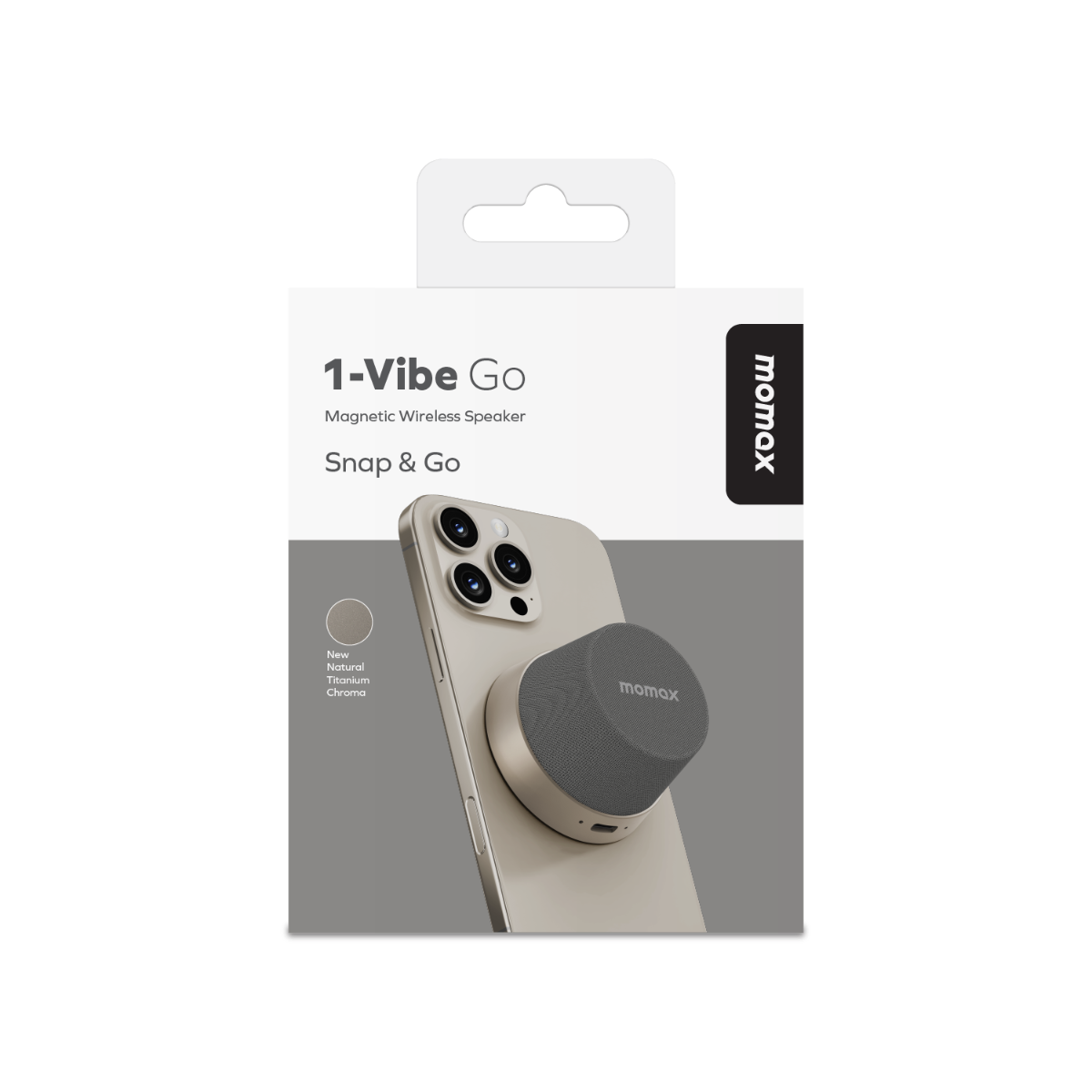 '1-Vibe Go' etiketli gri manyetik hoparlör ambalajı.