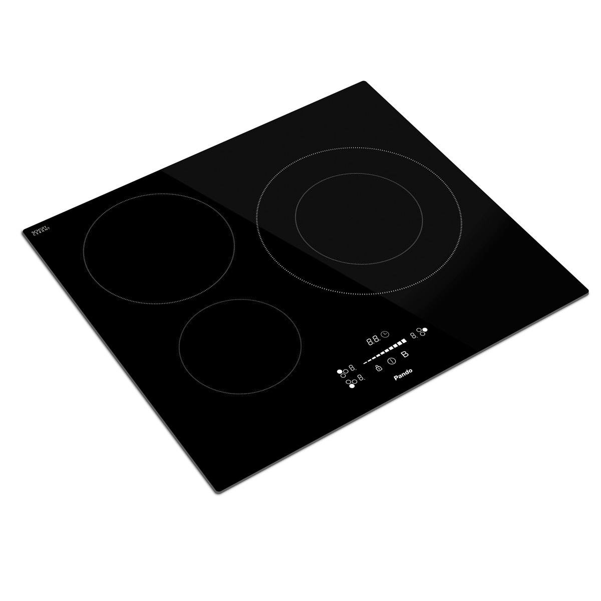 Placa de inducción negra con tres zonas de cocción y controles digitales.