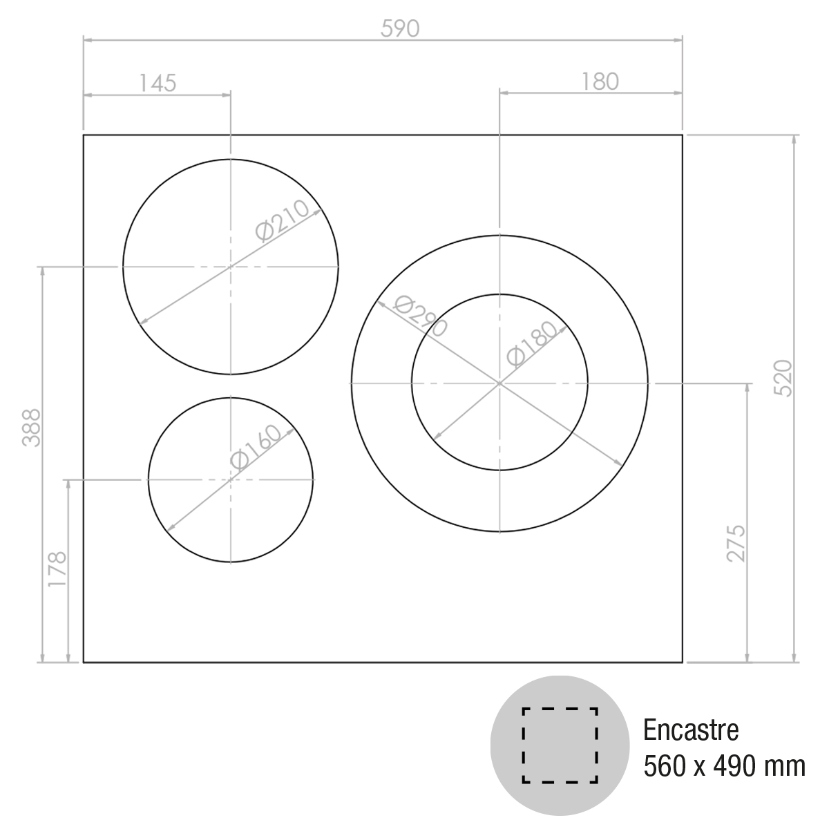 Dibujo técnico de una placa de cocina con tres zonas de cocción y dimensiones.