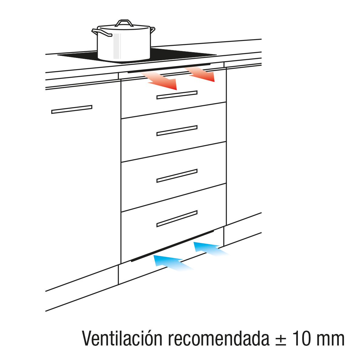 Placa de cocina con olla, cajones y flechas de ventilación. 10 mm.