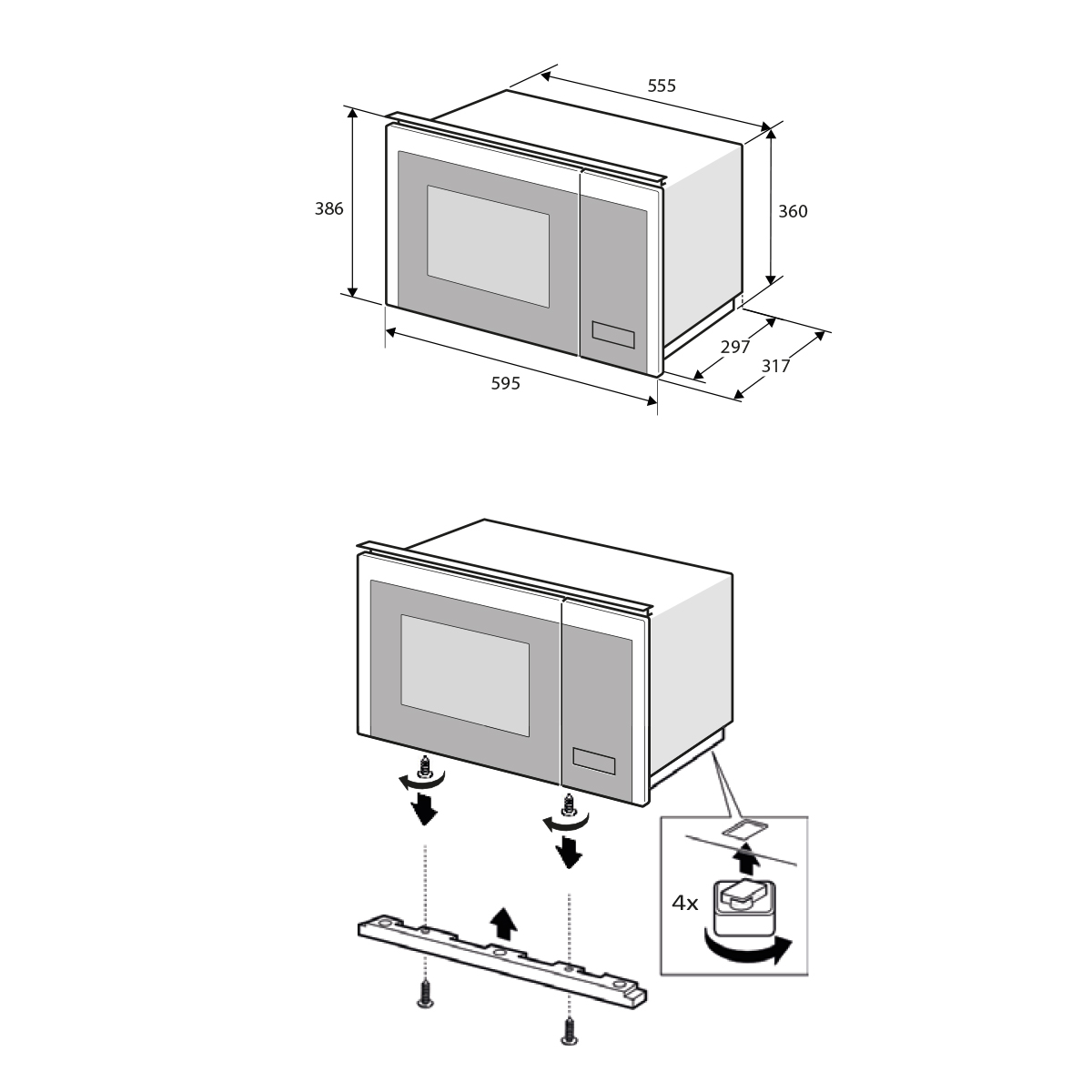 Dibujo técnico de un microondas empotrable con dimensiones e instrucciones de montaje.