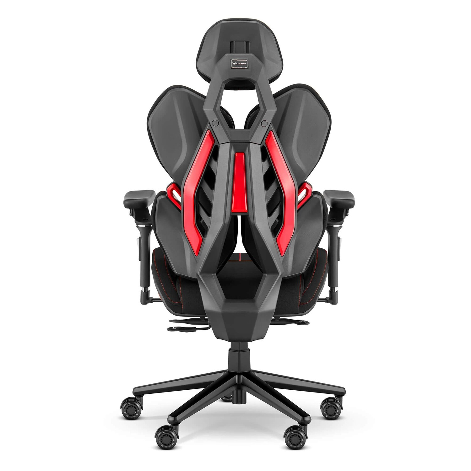 Widok z tyłu czarnego fotela gamingowego z czerwonymi akcentami.