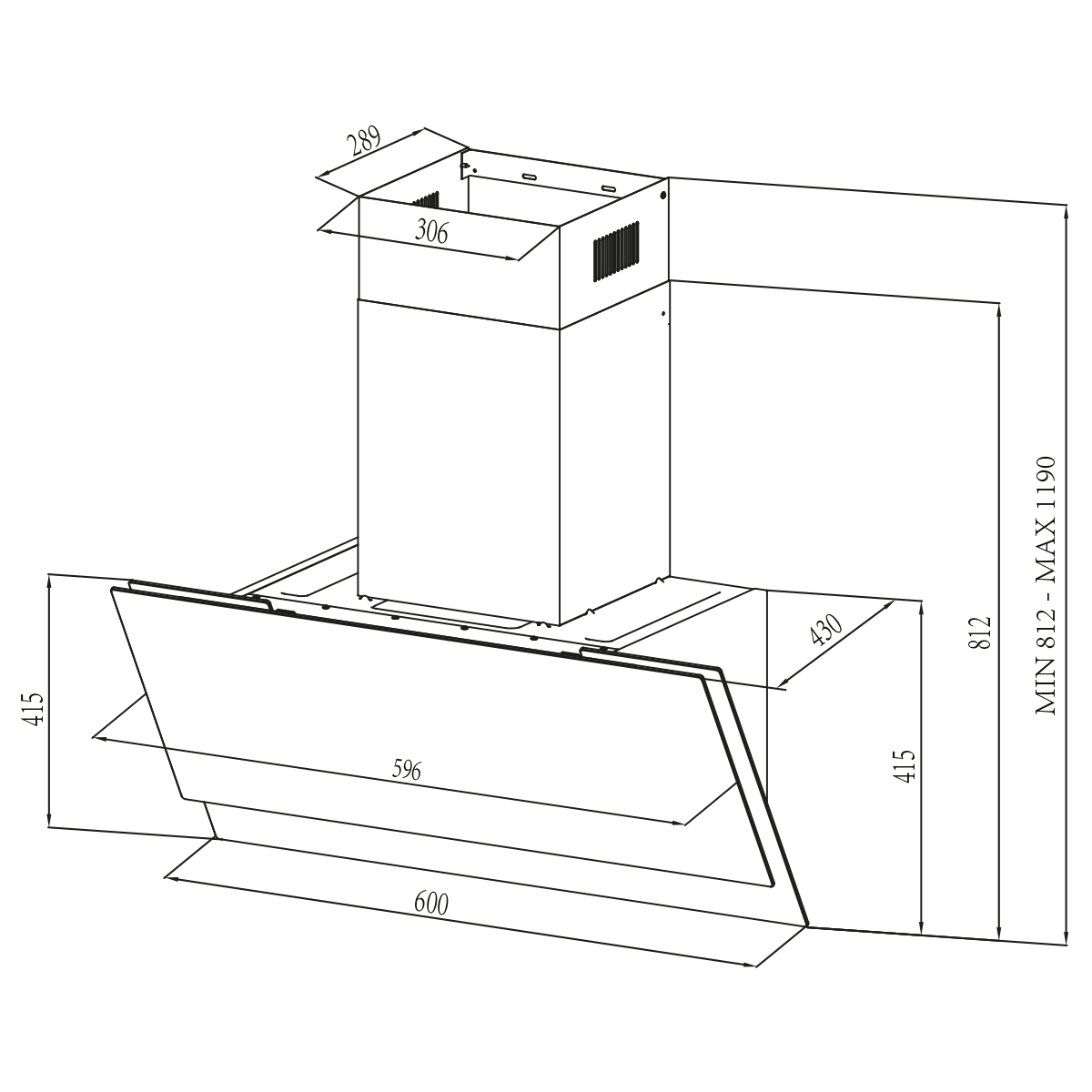 Dibujo técnico de una campana extractora con dimensiones.