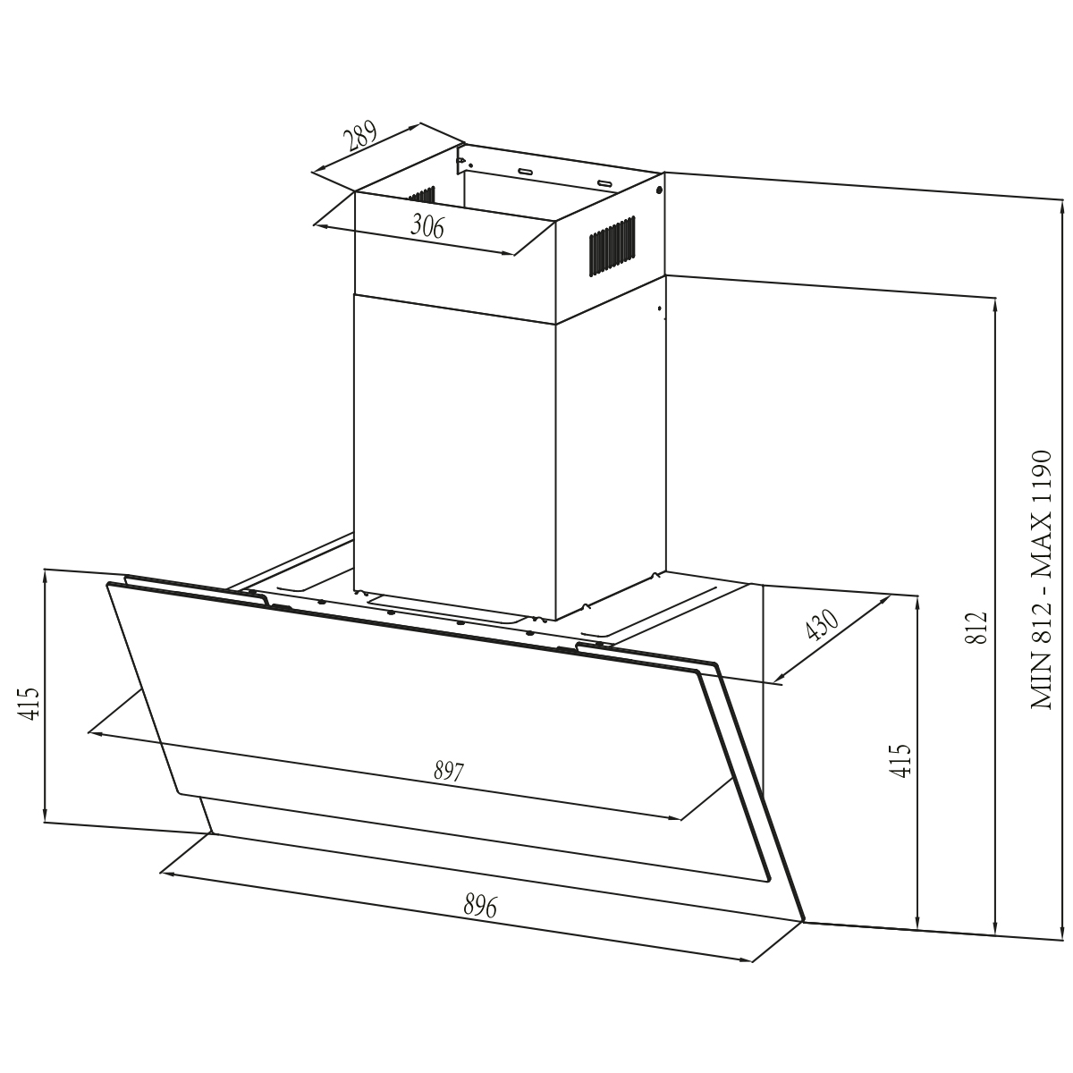 Dibujo técnico de una campana extractora con dimensiones.
