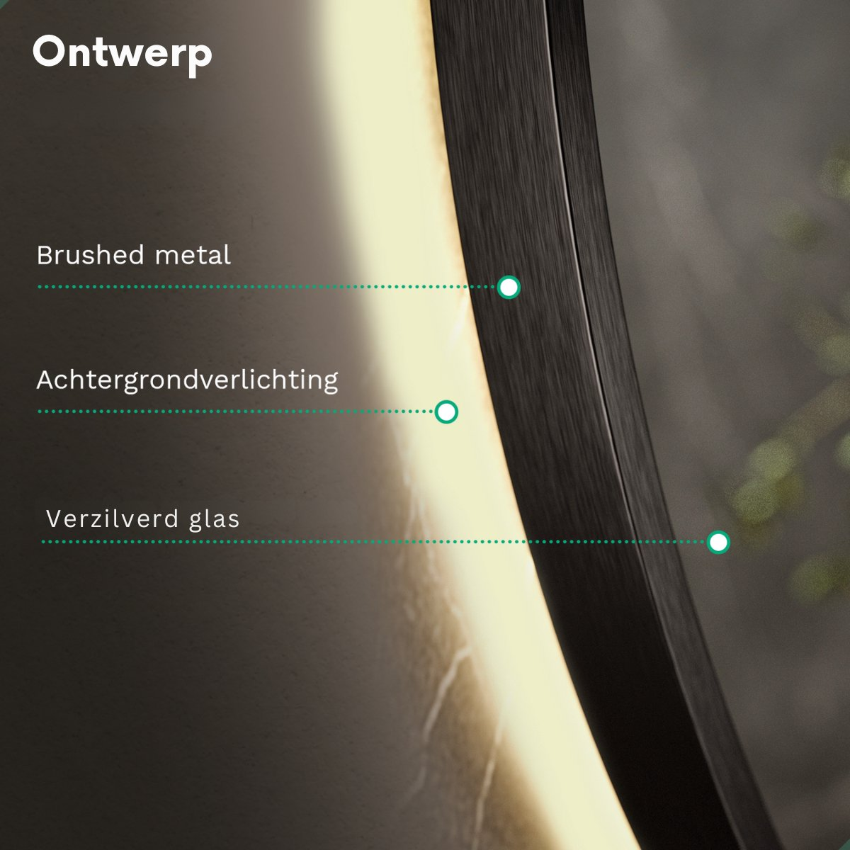 Ontwerp met geborsteld metaal, achtergrondverlichting en verzilverd glas.