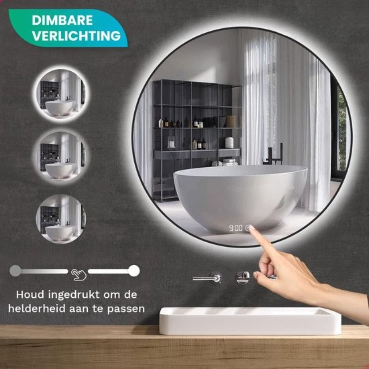 Een spiegel met LED-verlichting toont een moderne badkamer met een bad.