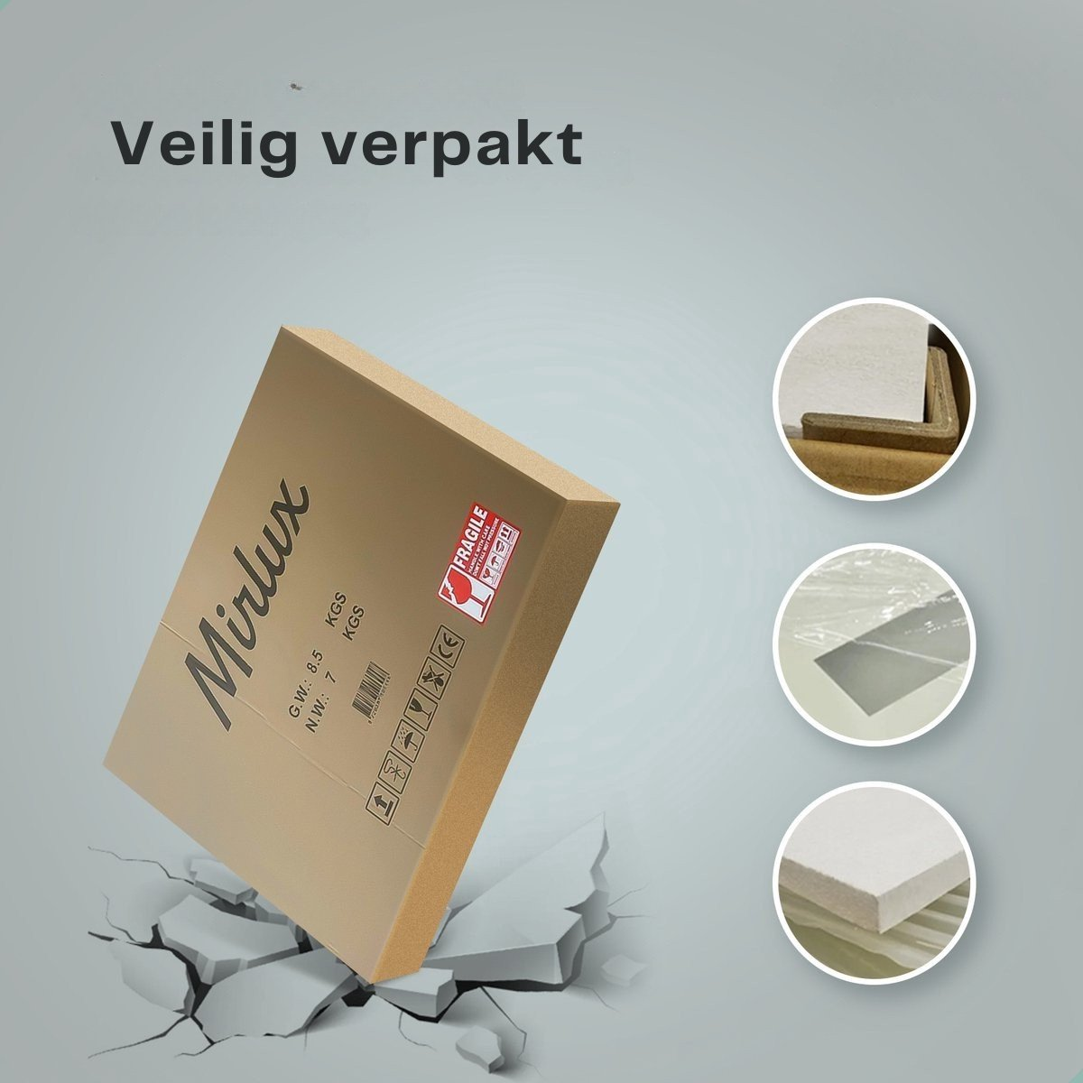 Een bruine kartonnen doos met Mirlux-logo en waarschuwingen, zwevend boven gebarsten grond.