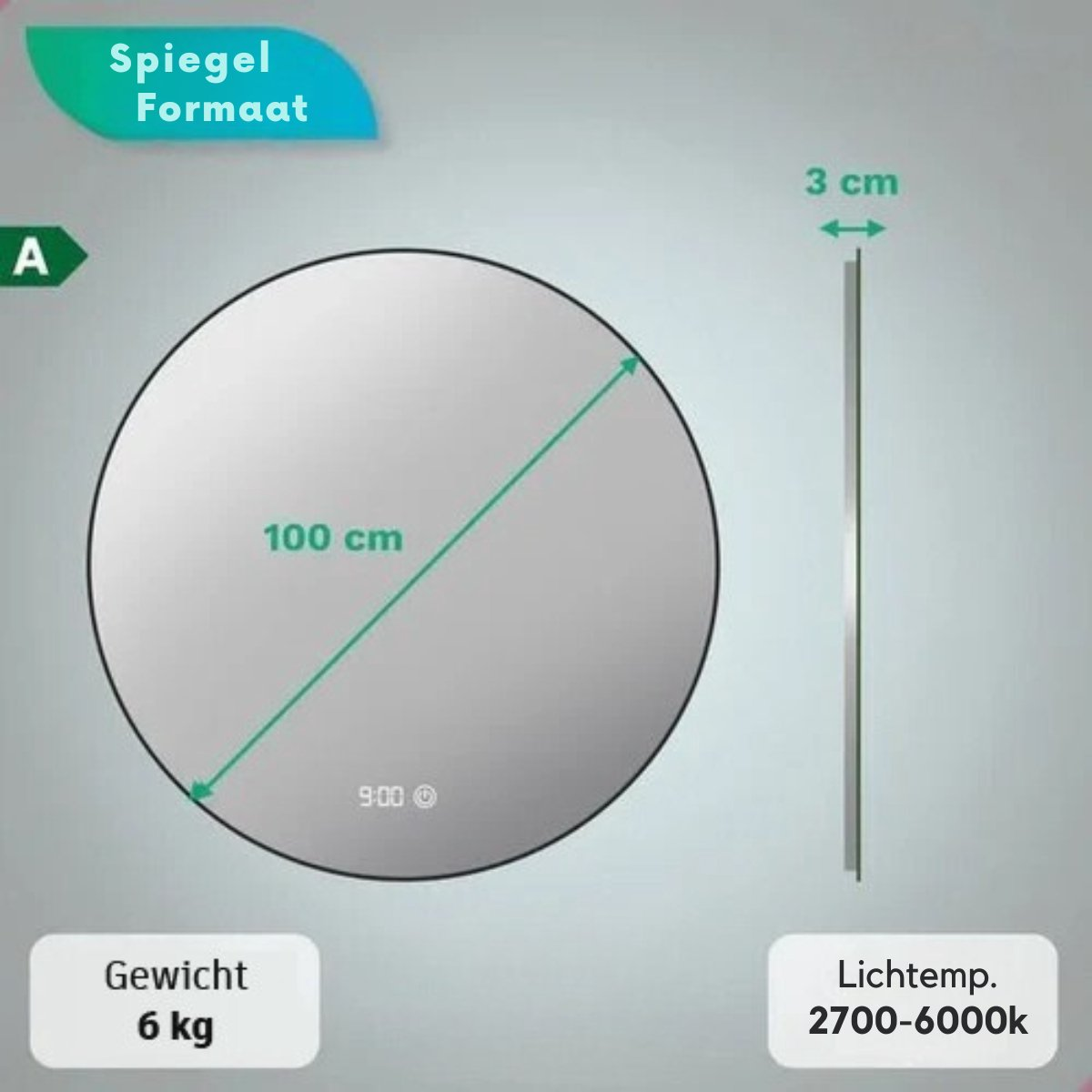 Ronde spiegel, 100cm diameter, 3cm diepte. Gewicht 6kg. Licht 2700-6000k.