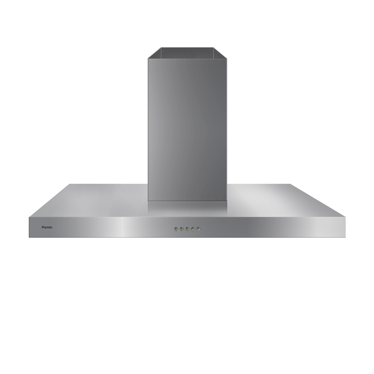 Una campana extractora plateada con chimenea rectangular sobre fondo blanco.