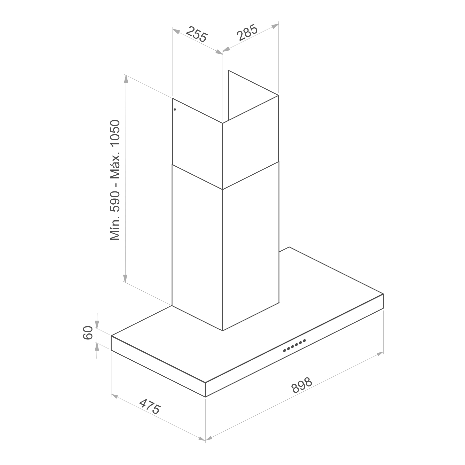 Dibujo técnico de una campana extractora con dimensiones.