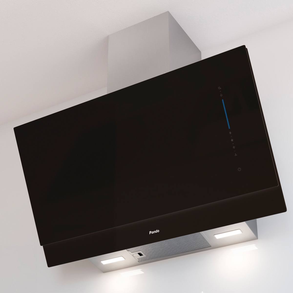 Campana extractora negra con controles táctiles e iluminación.
