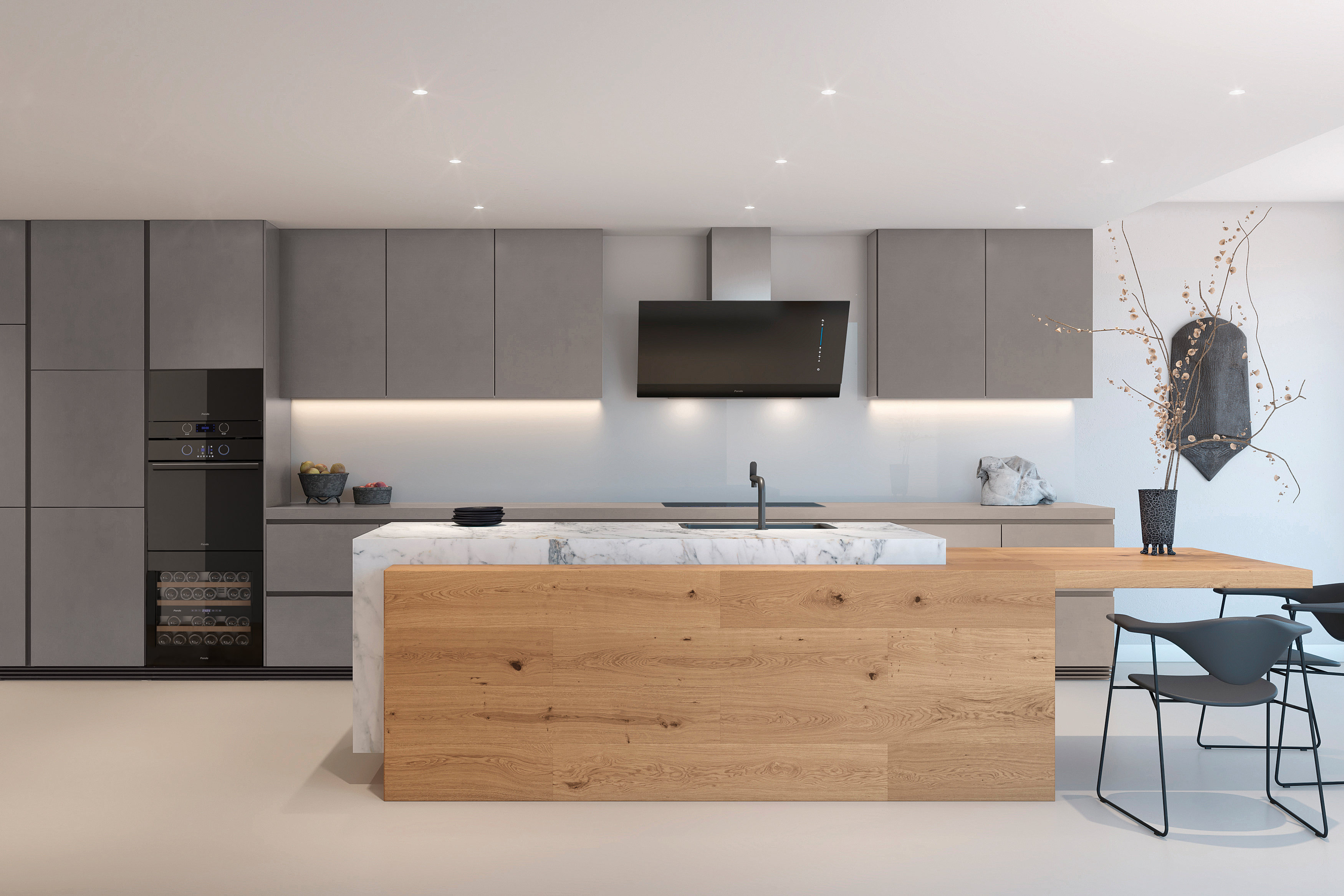 Cocina moderna con isla de mármol, detalles en madera, gabinetes grises y electrodomésticos.