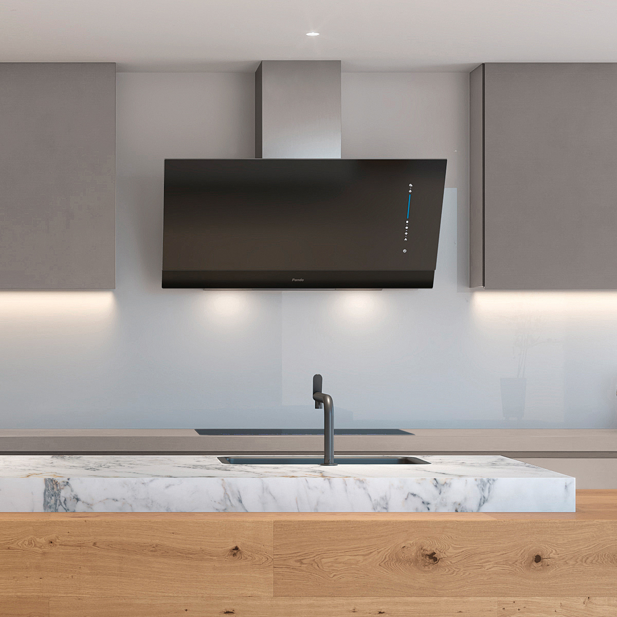 Cocina moderna con campana extractora negra, encimera de mármol y detalles de madera.