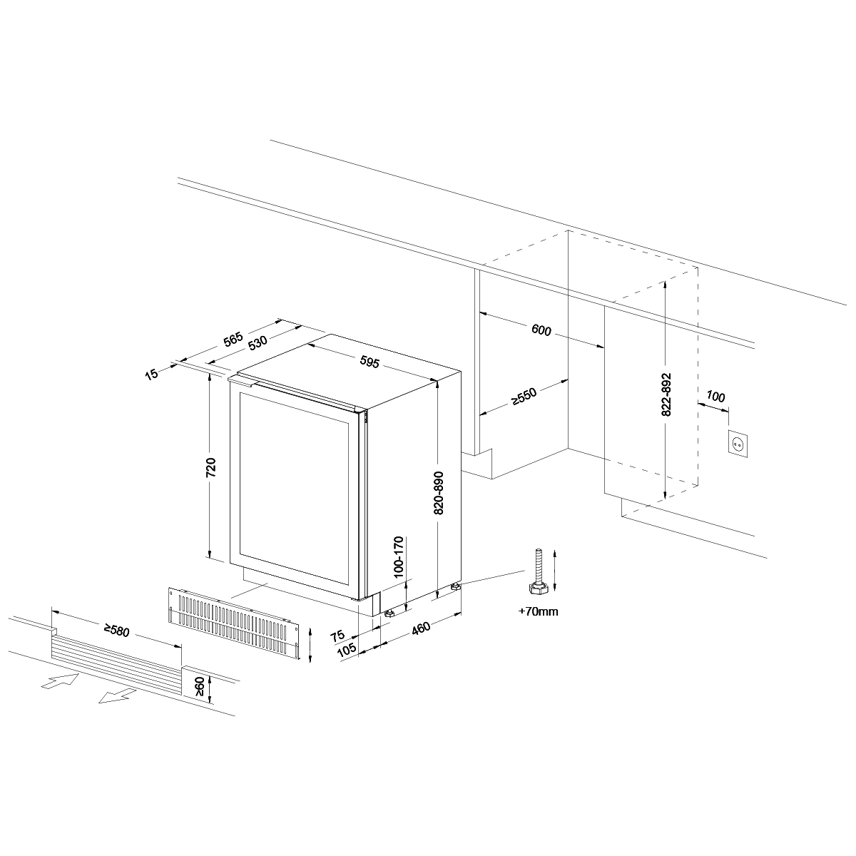 Dibujo técnico de un electrodoméstico empotrado con dimensiones y detalles de instalación.