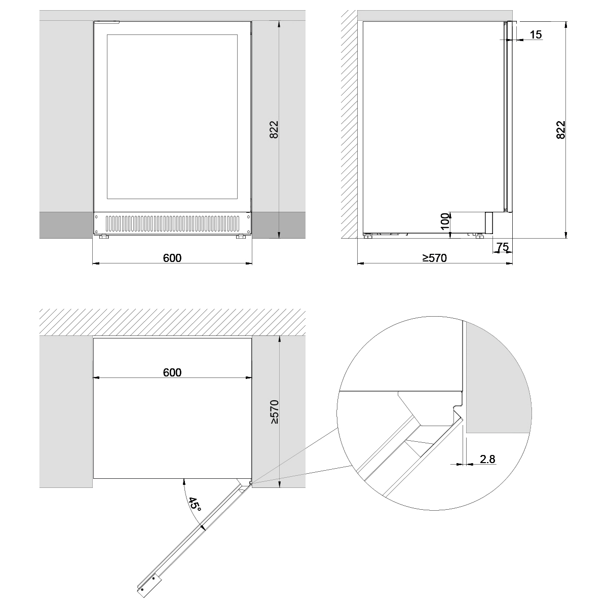 Dibujo técnico de un electrodoméstico empotrado con dimensiones en mm. Muestra vistas frontal, lateral e inferior.
