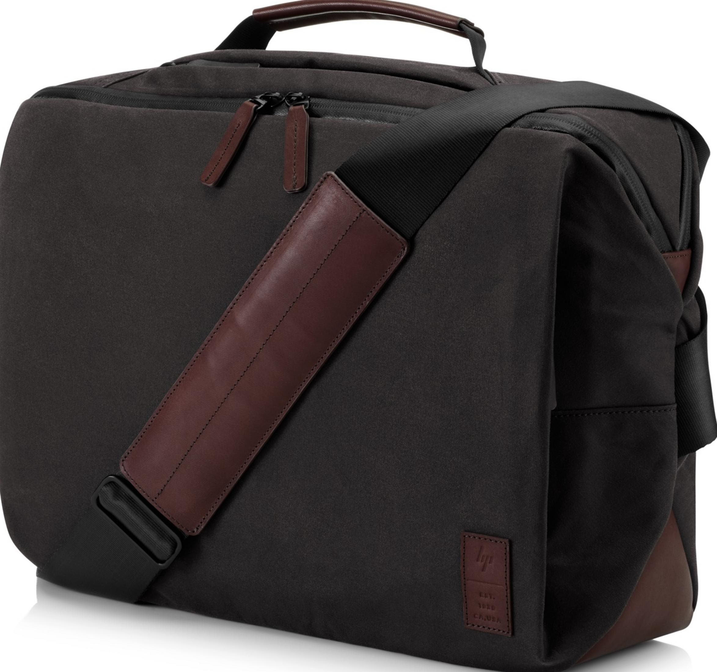 Dunkelgraue Laptoptasche mit braunen Lederdetails und Schultergurt.