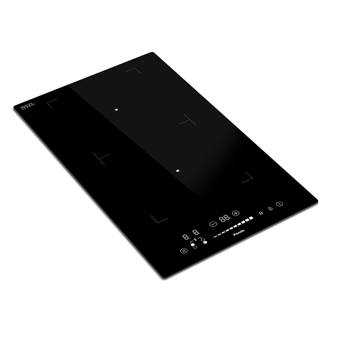 Placa de inducción negra con cuatro zonas de cocción y controles táctiles.