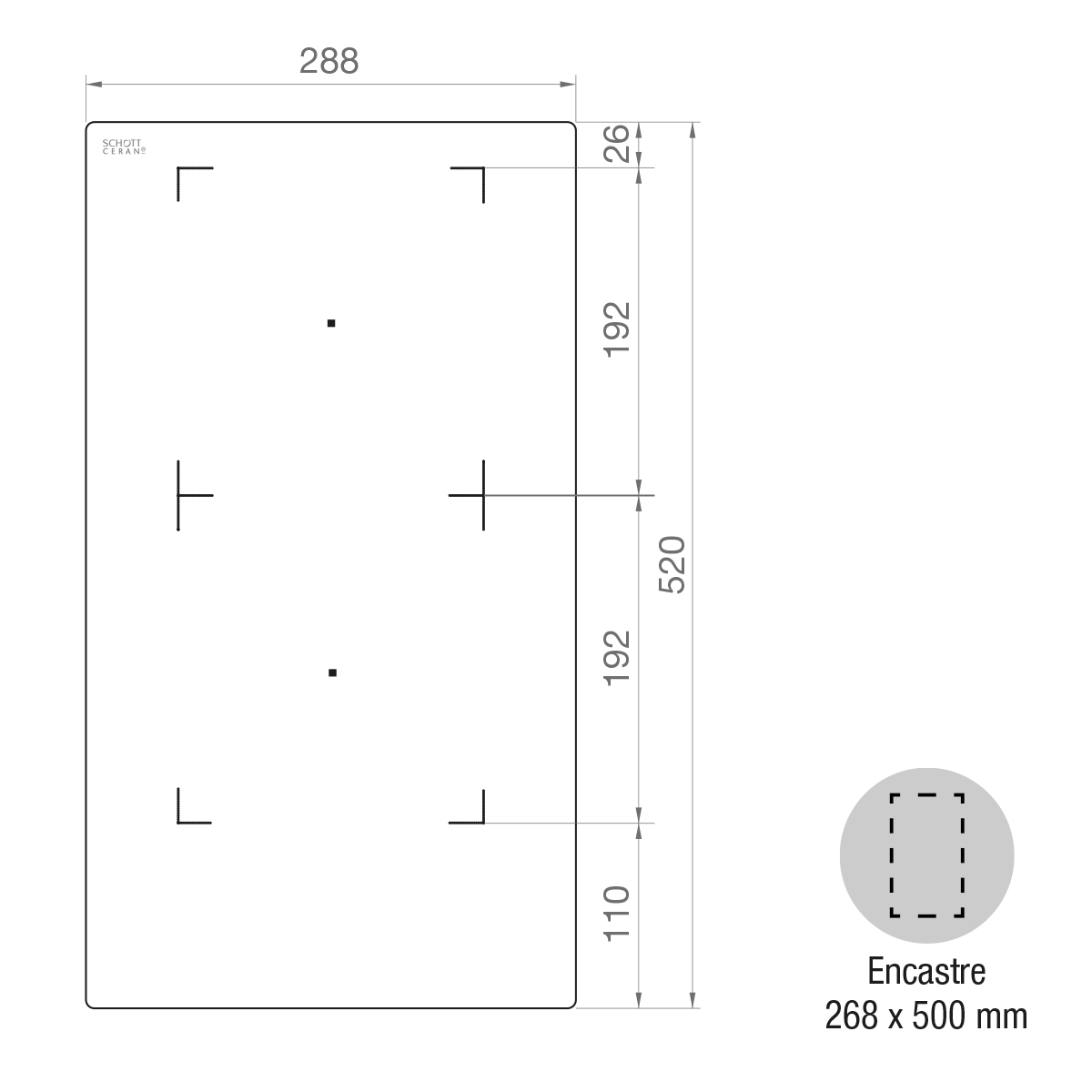 Dibujo técnico con dimensiones para una placa de cocina. Dimensiones totales 288x520 mm.