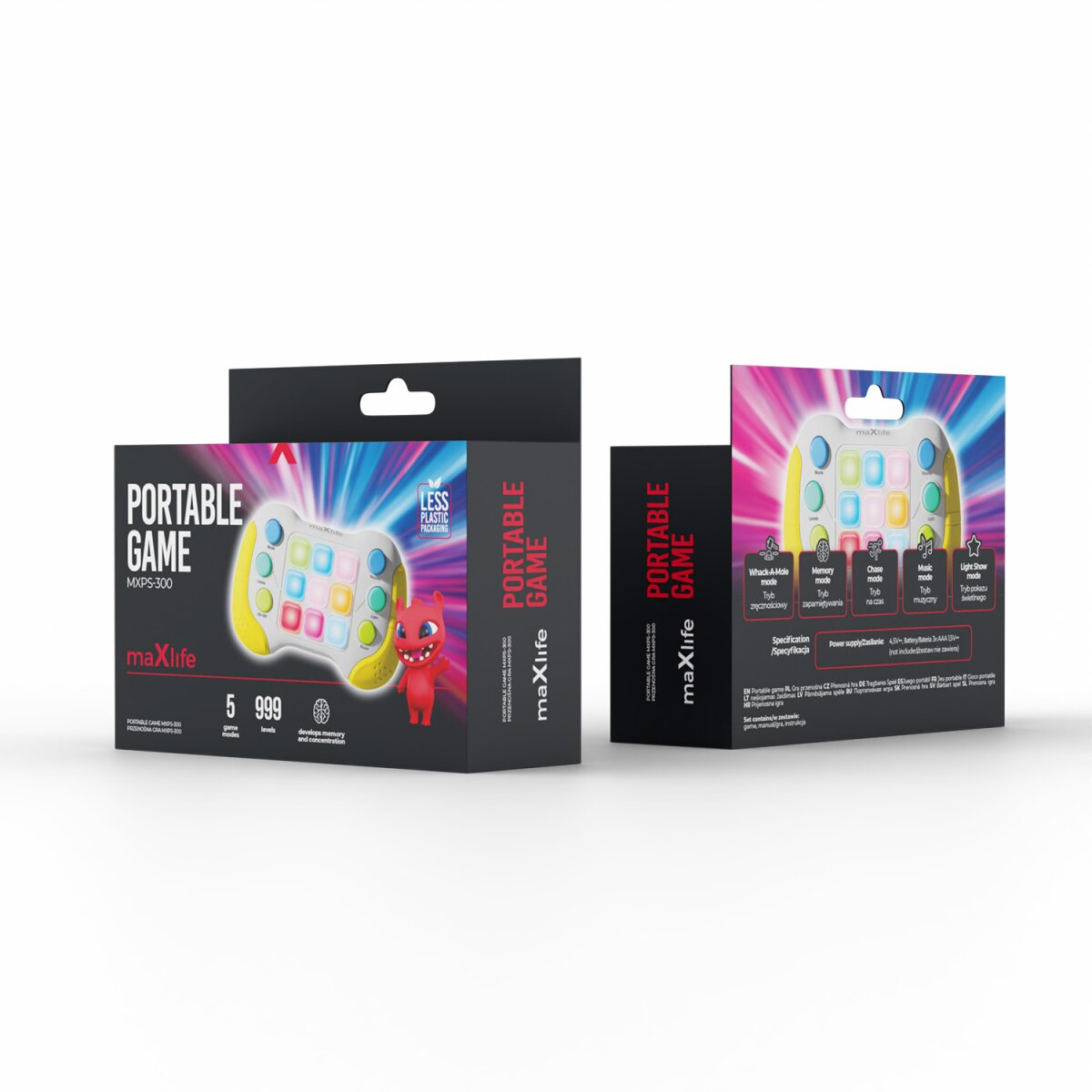 Zwei Maxlife Portable Game-Verpackungen mit einem Spielzeug.