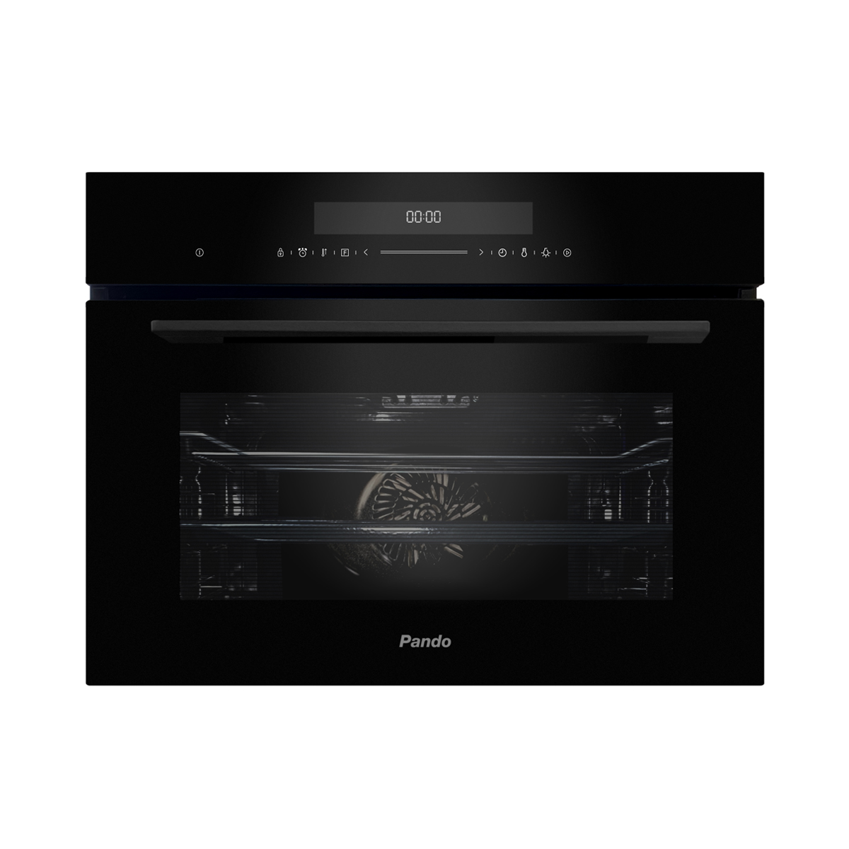Un horno negro moderno con pantalla digital y puerta de cristal.