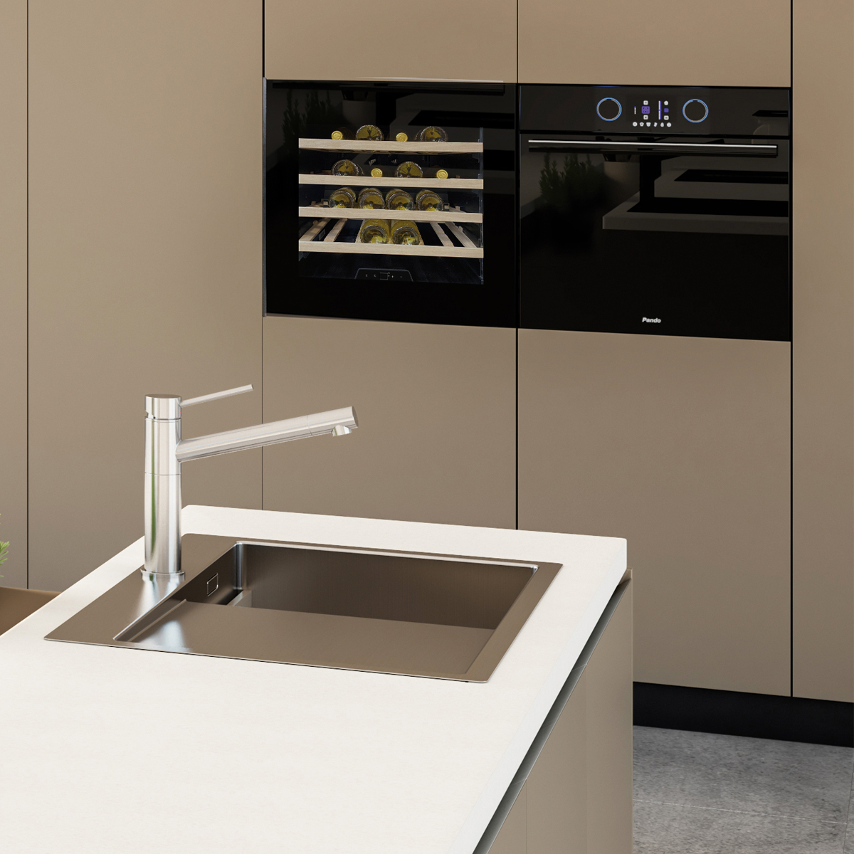 Cocina moderna con fregadero, grifo, vinoteca y horno.