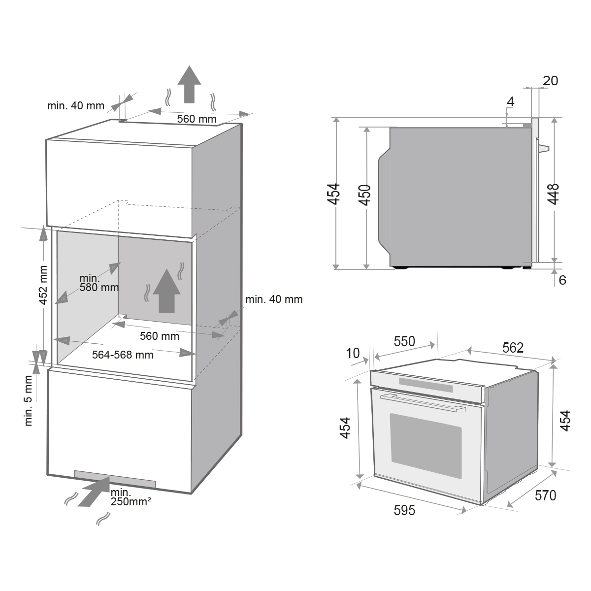 Dibujo técnico de un horno empotrable con dimensiones y guía de instalación.