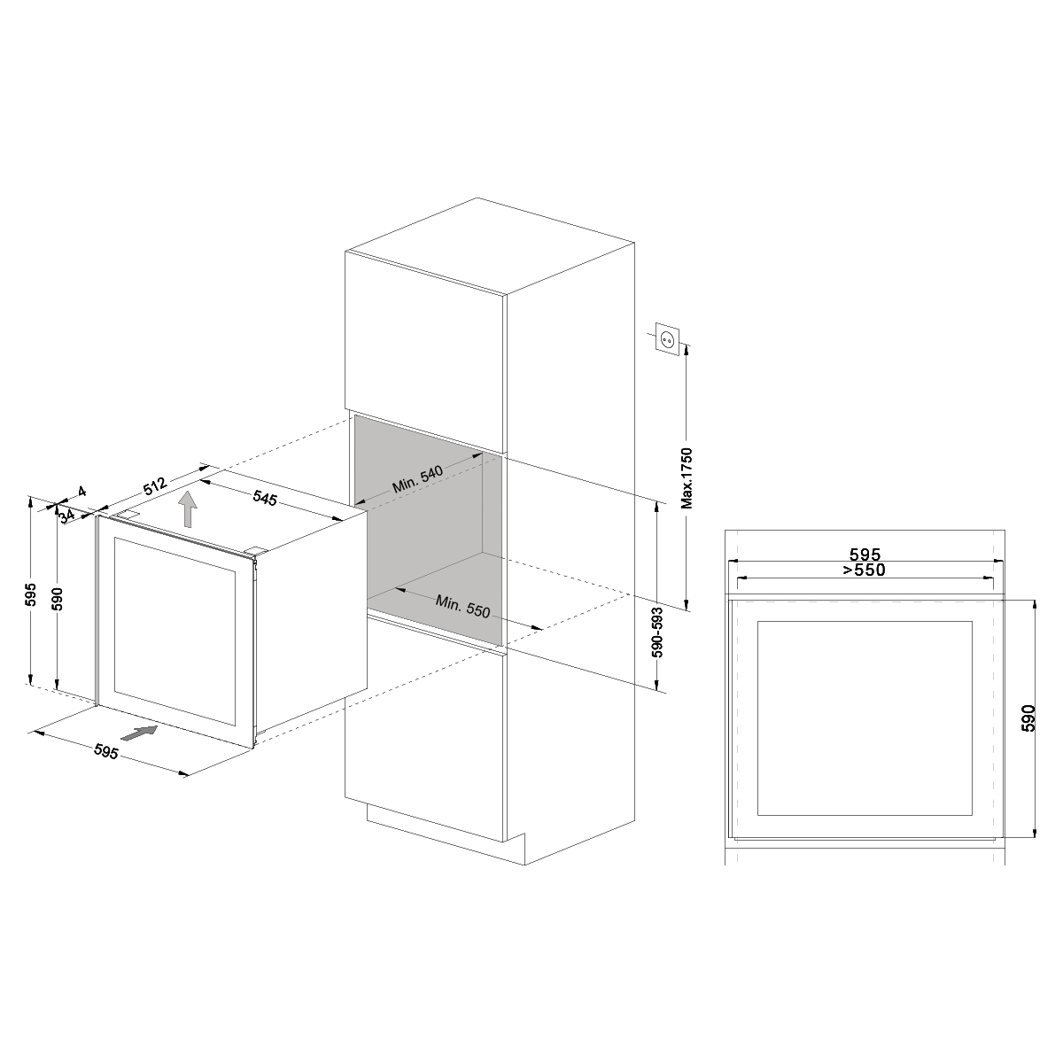 Diagrama de instalación de un horno en un armario de cocina con medidas.