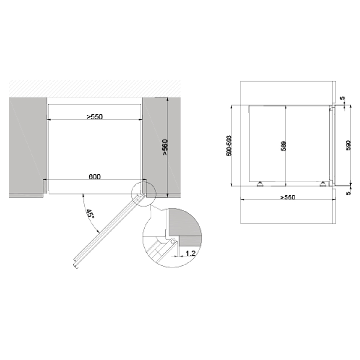 Dibujo técnico con dimensiones para instalación y tamaño del aparato.