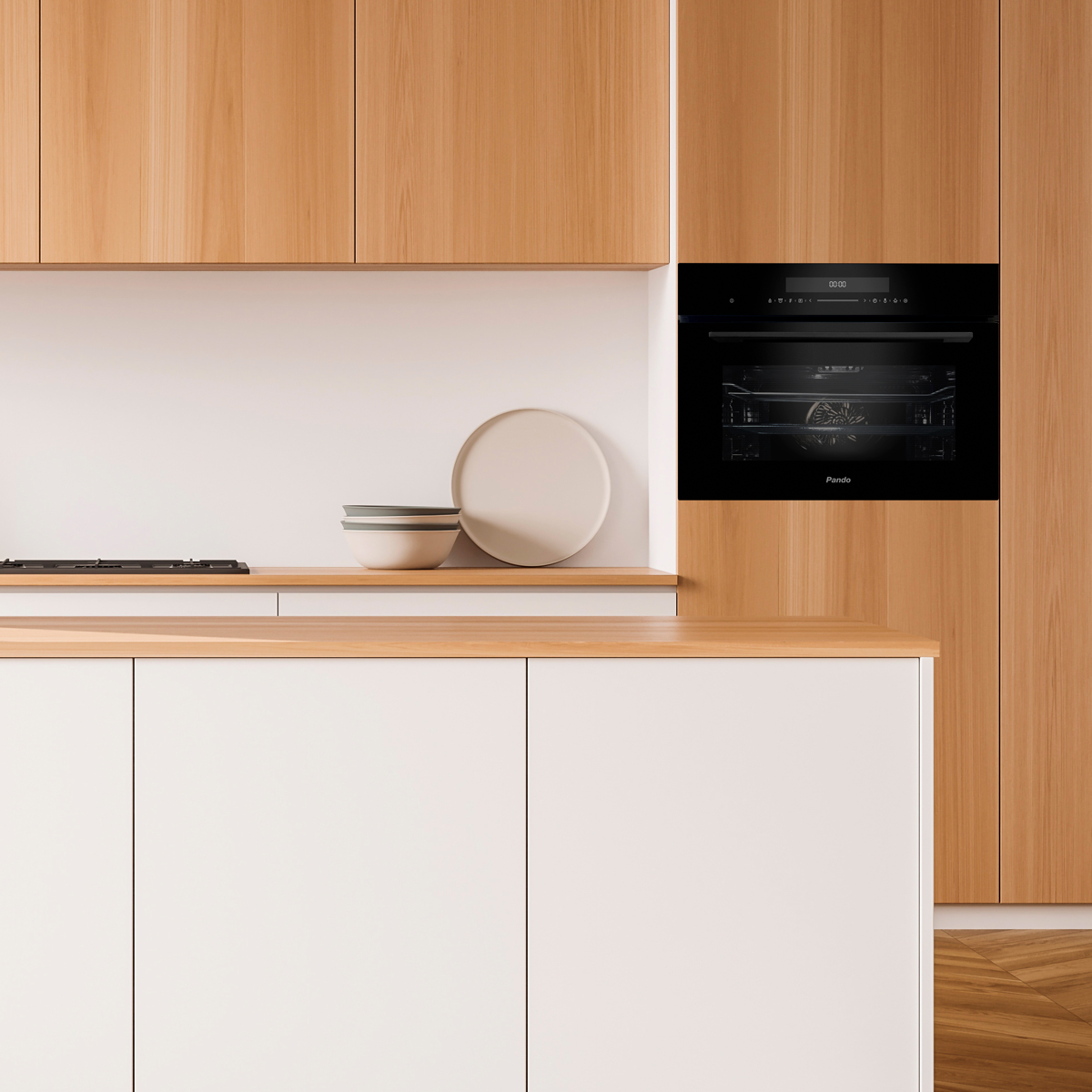 Cocina moderna con elementos de madera, gabinetes blancos, estufa de gas y horno.