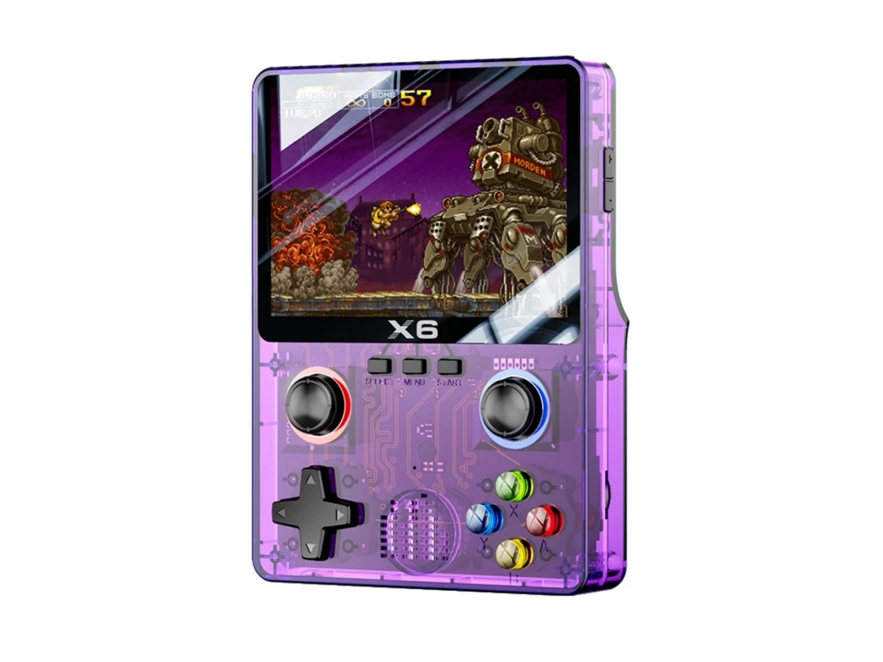 Lila Handheld-Spielekonsole mit transparentem Gehäuse, zeigt ein Spiel mit Explosionen und Robotern.