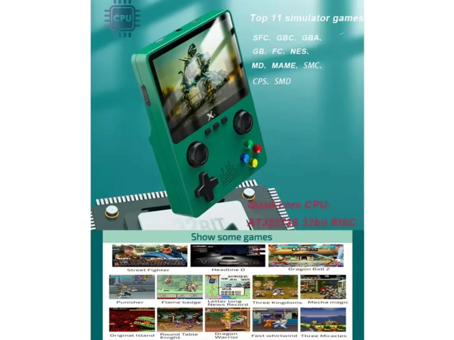 Grünes Handheld-Spielgerät mit Bildschirmanzeige und Spielvorschauen.
