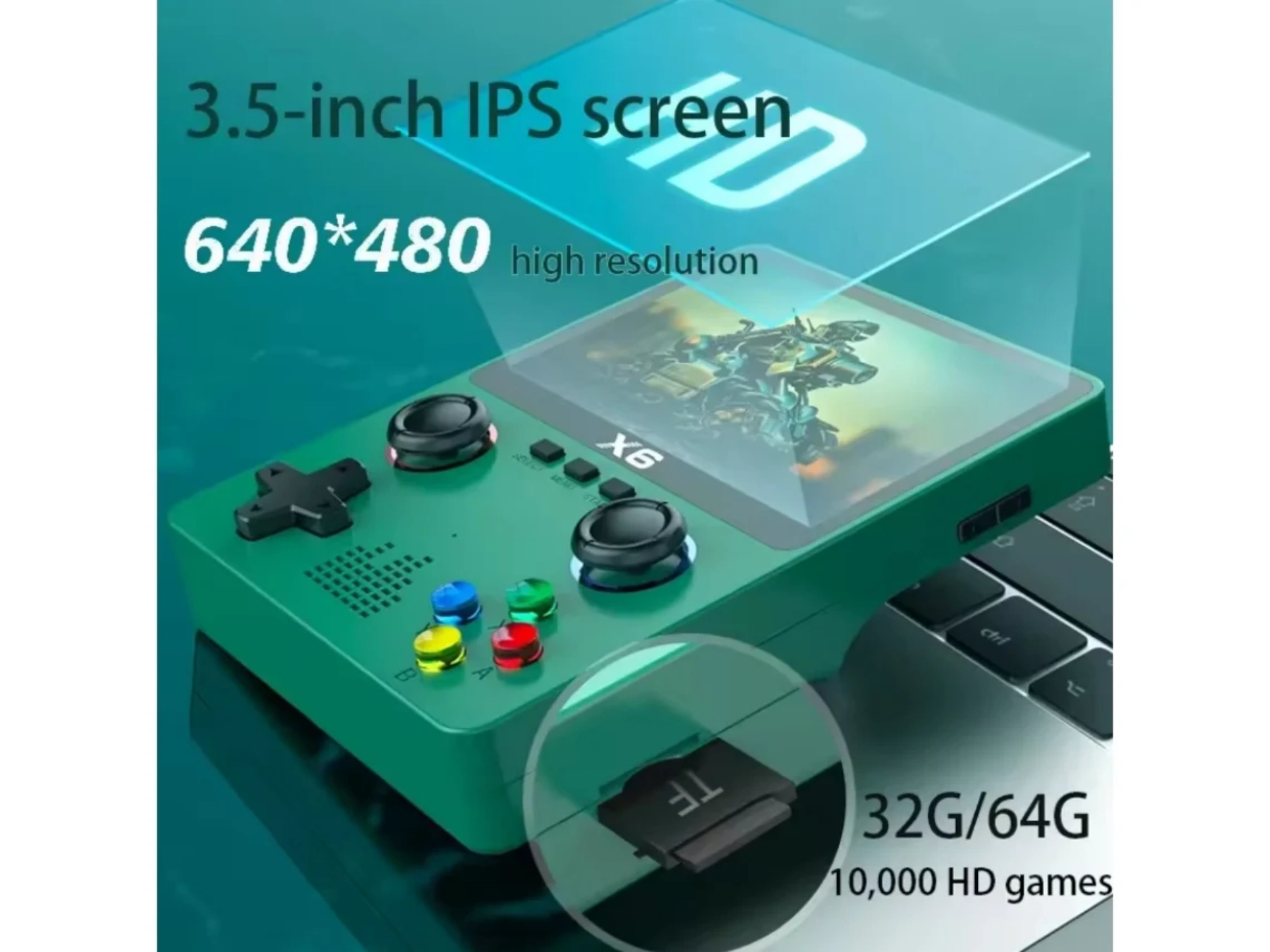 Grünes Handheld-Spielgerät mit 3,5-Zoll-IPS-Bildschirm, 640x480 Auflösung.