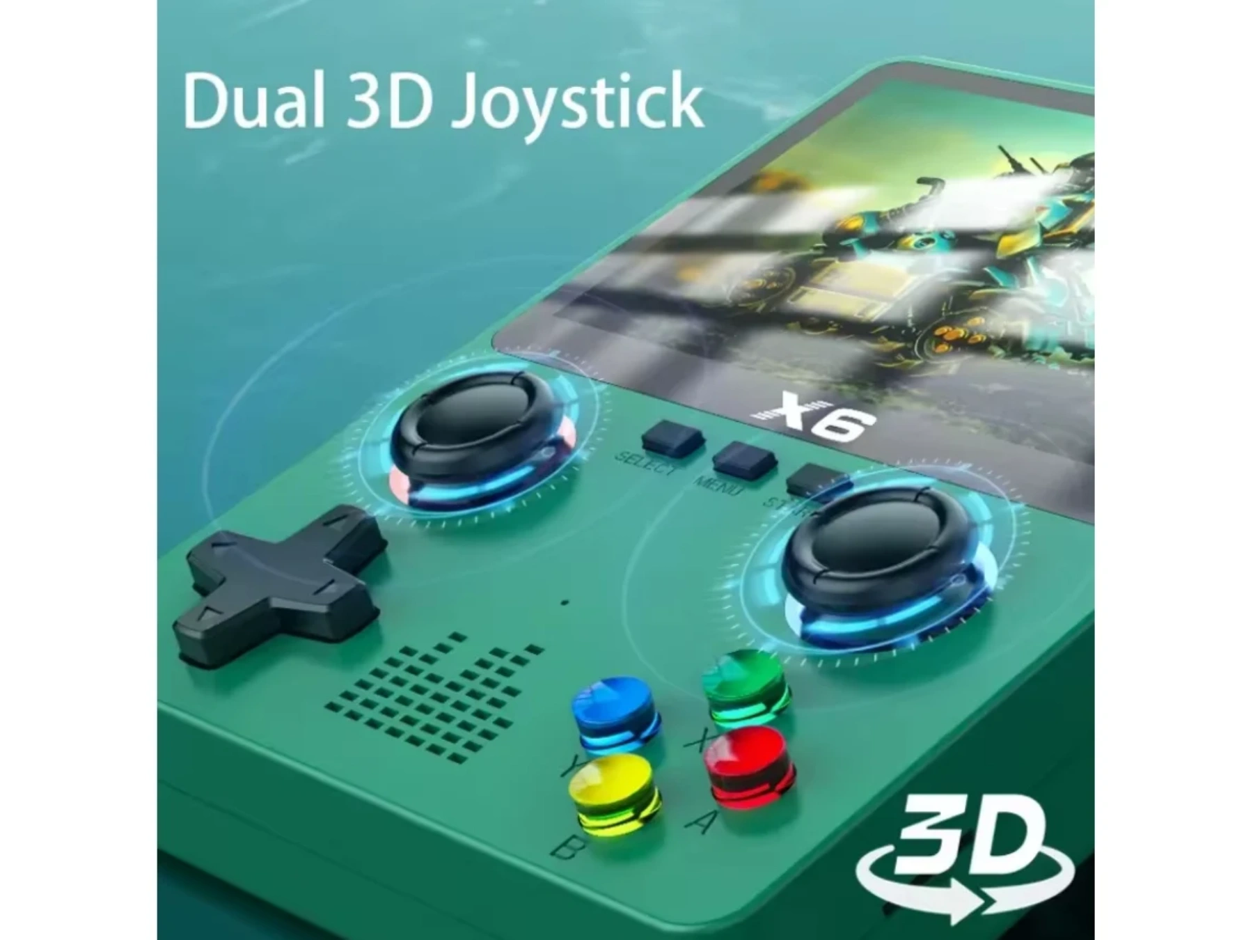 Ein grünes Handheld-Spielgerät mit zwei Joysticks und bunten Knöpfen.